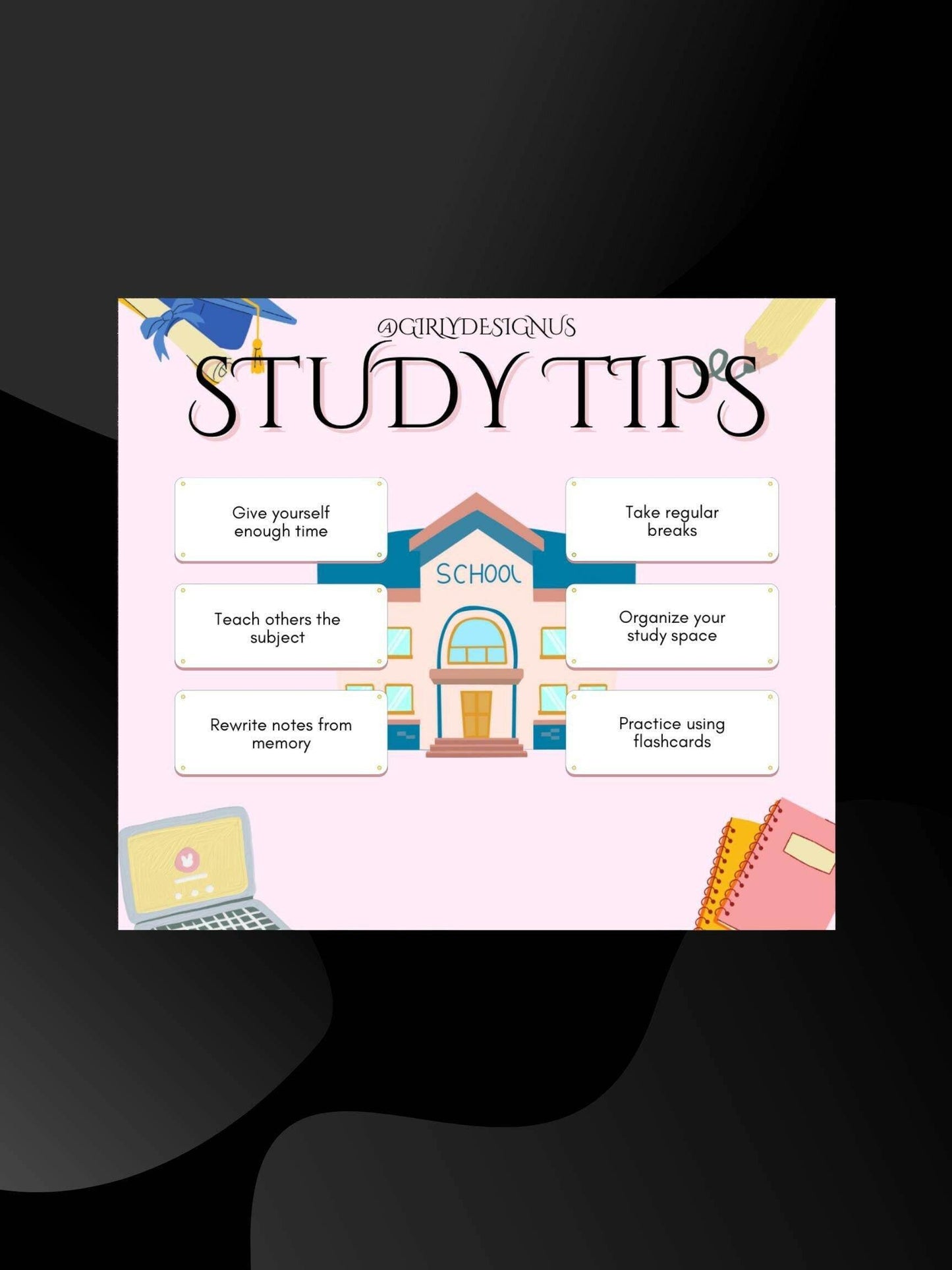 Aesthetic Study Tips Printable Digital School Poster Digital product agirlydesignus-aesthetic-study-tips-printable-dark-smooth-background-pink-school-laptop-notebooks My Store