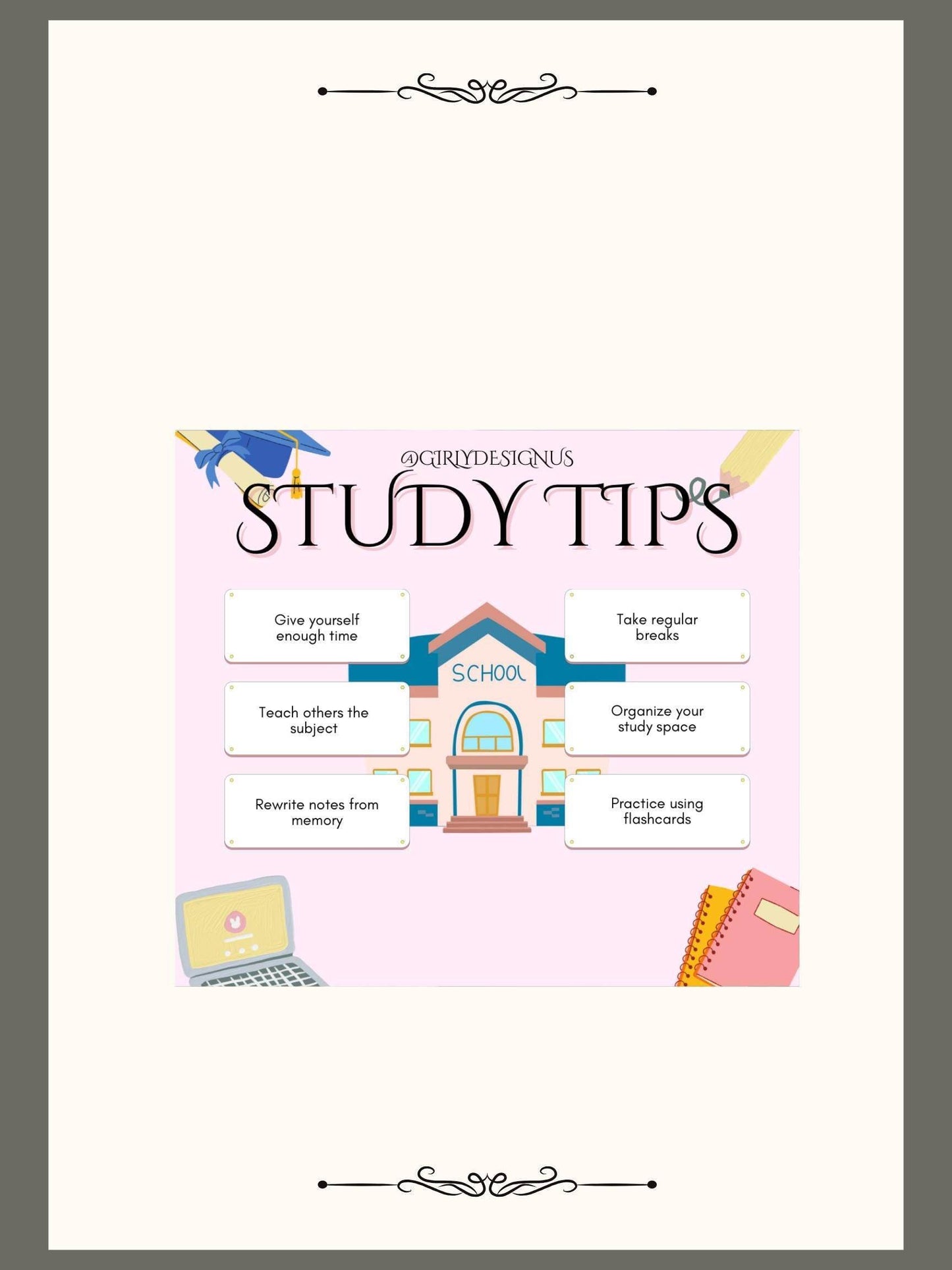 Aesthetic Study Tips Printable Digital School Poster Digital product agirlydesignus-aesthetic-study-tips-printable-pale-gray-border-pink-school-notebook My Store