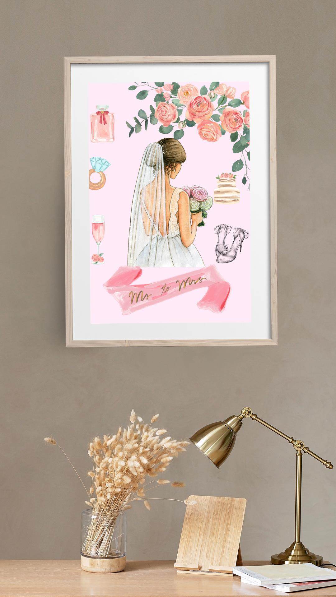 Bridal Shower Wall Art Digital Download Digital product bridal-shower-wall-art-bride-illustration-wood-frame-light My Store