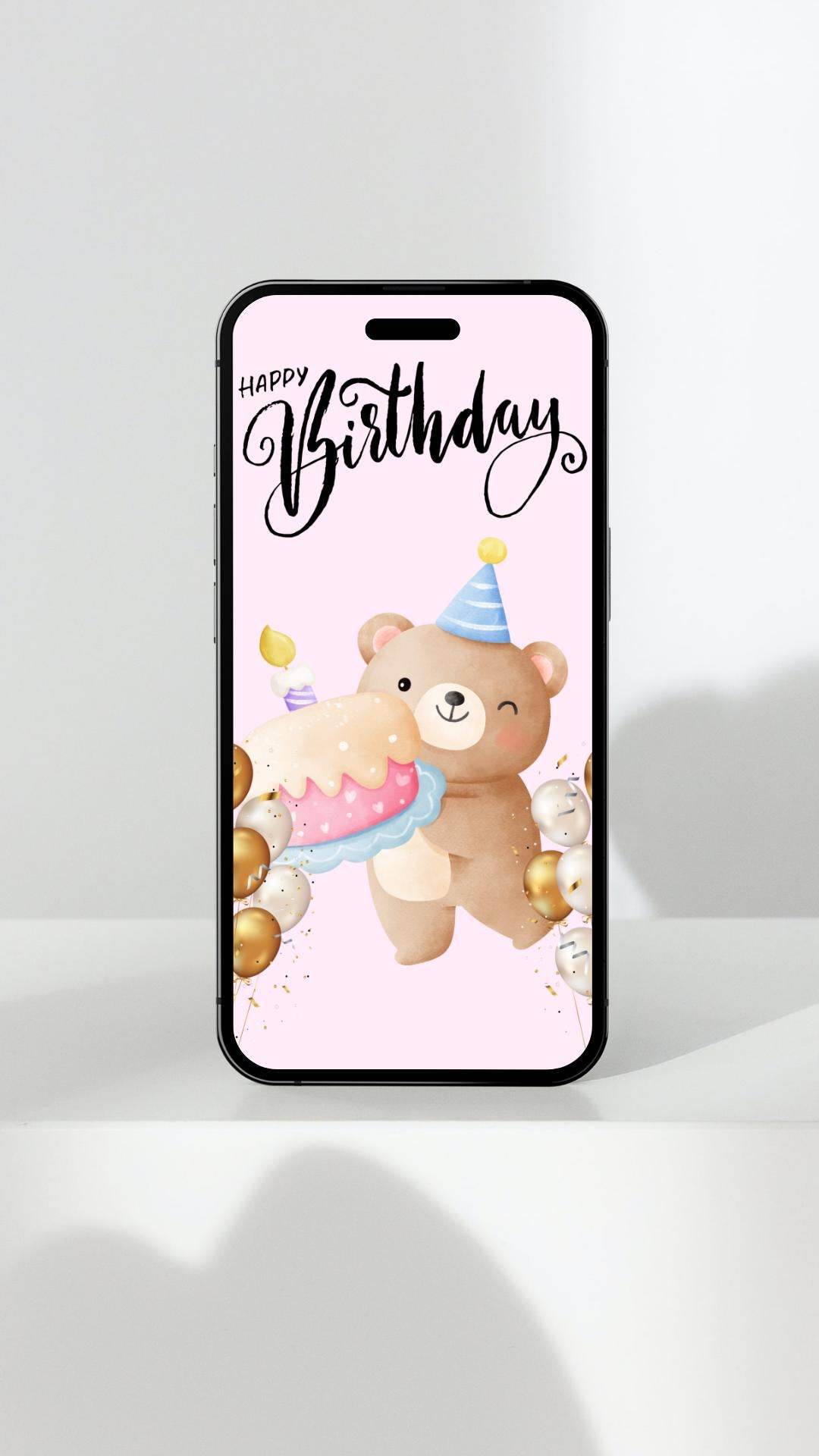 Cute Bear Birthday Poster Digital Download Digital product cute-bear-birthday-poster-bear-cake-mobile-phone My Store