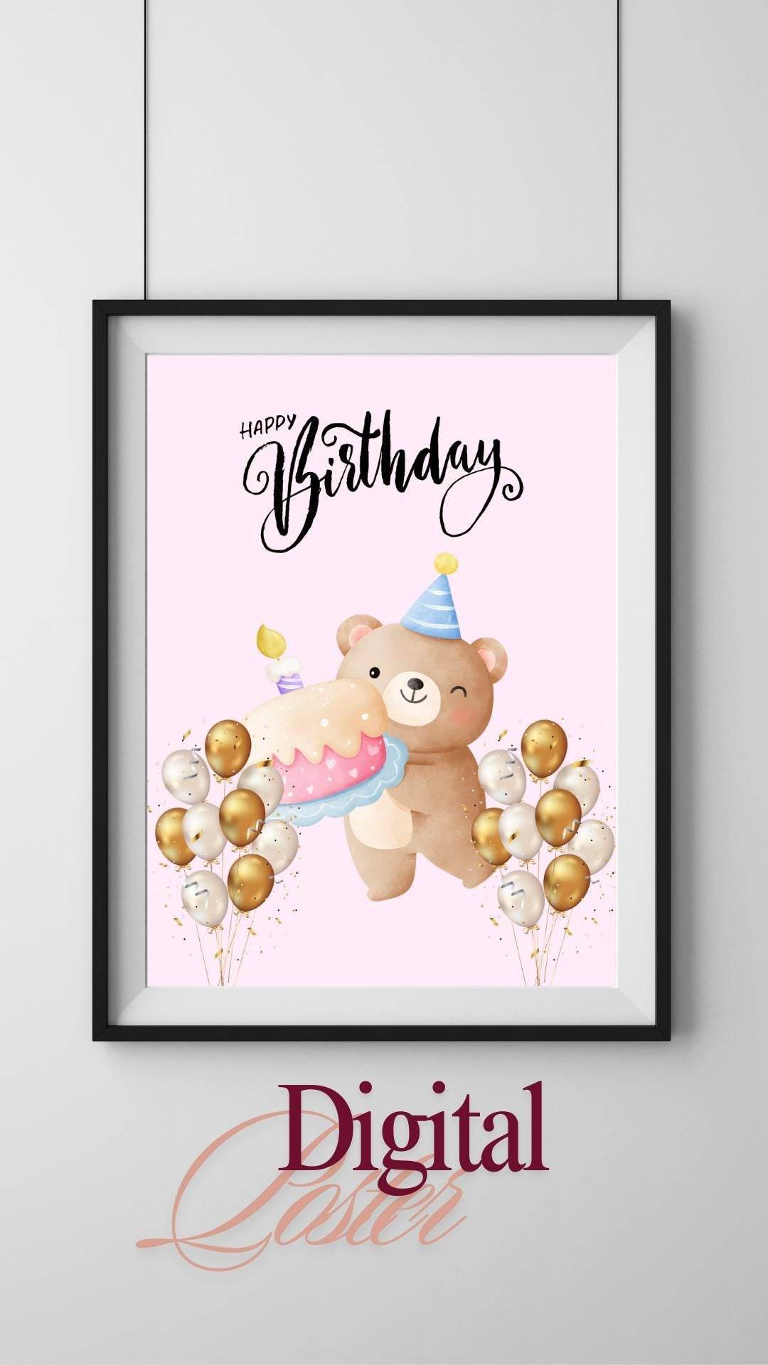 Cute Bear Birthday Poster Digital Download Digital product cute-bear-birthday-poster-bear-with-cake-balloons My Store