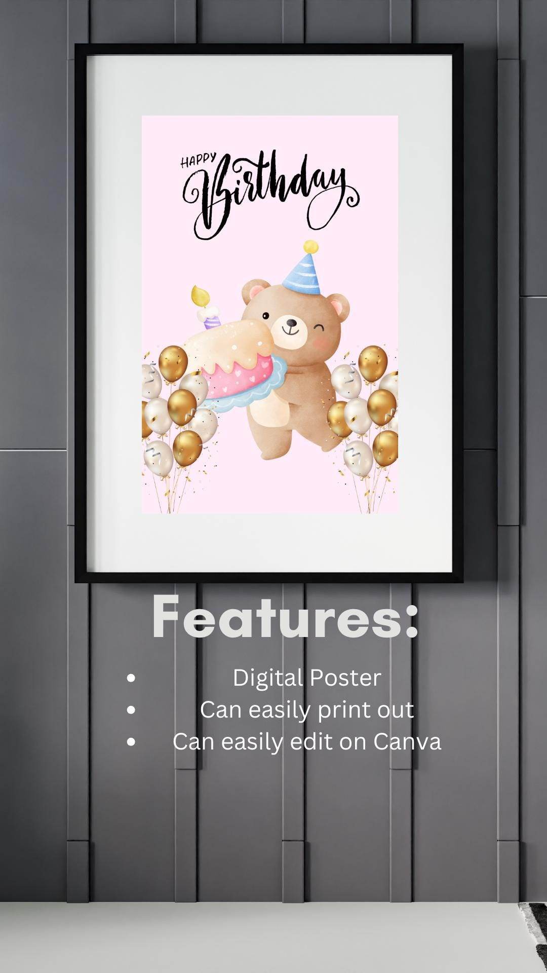 Cute Bear Birthday Poster Digital Download Digital product cute-bear-birthday-poster-digital-poster-features My Store