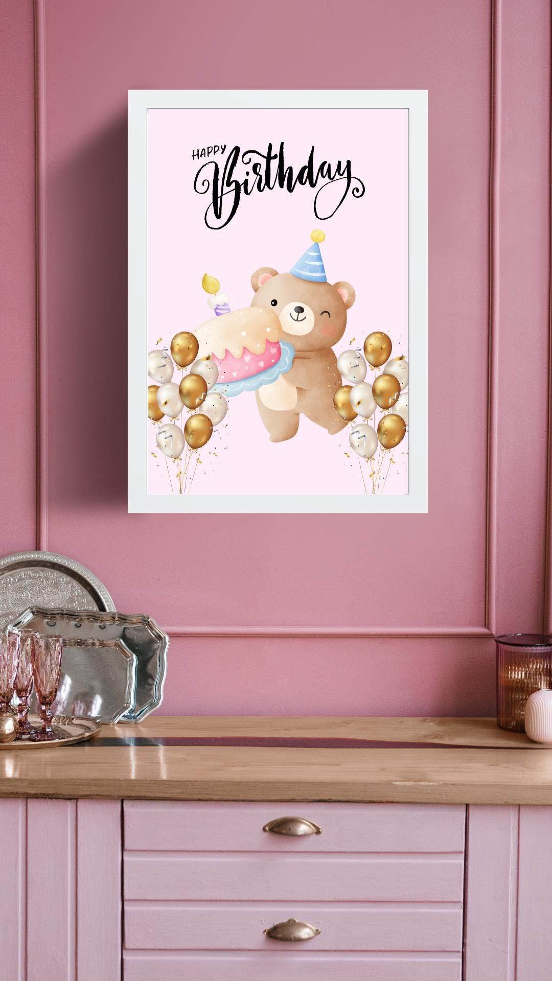 Cute Bear Birthday Poster Digital Download Digital product cute-bear-birthday-poster-framed-poster-pink-wall My Store