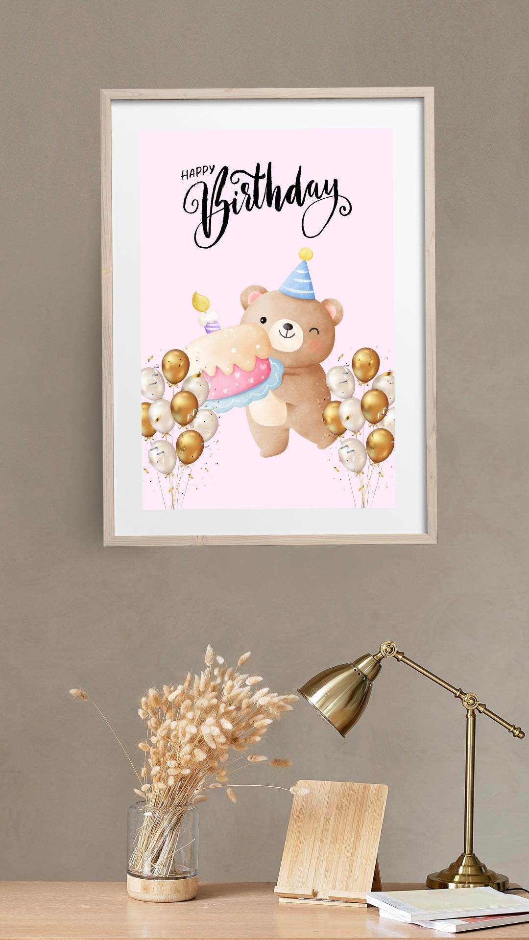 Cute Bear Birthday Poster Digital Download Digital product cute-bear-birthday-poster-framed-poster-with-lamp My Store