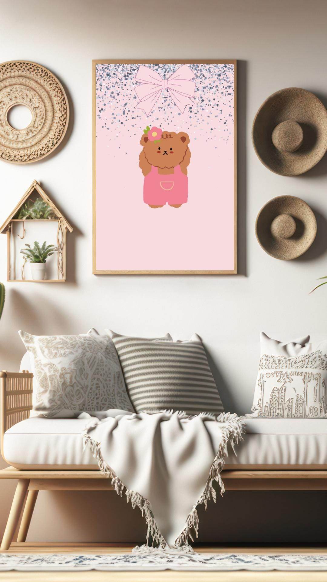 Cute Bear Nursery Wall Art Digital Poster Template Digital product cute-bear-nursery-wall-art-bear-pink-background-cozy-room My Store