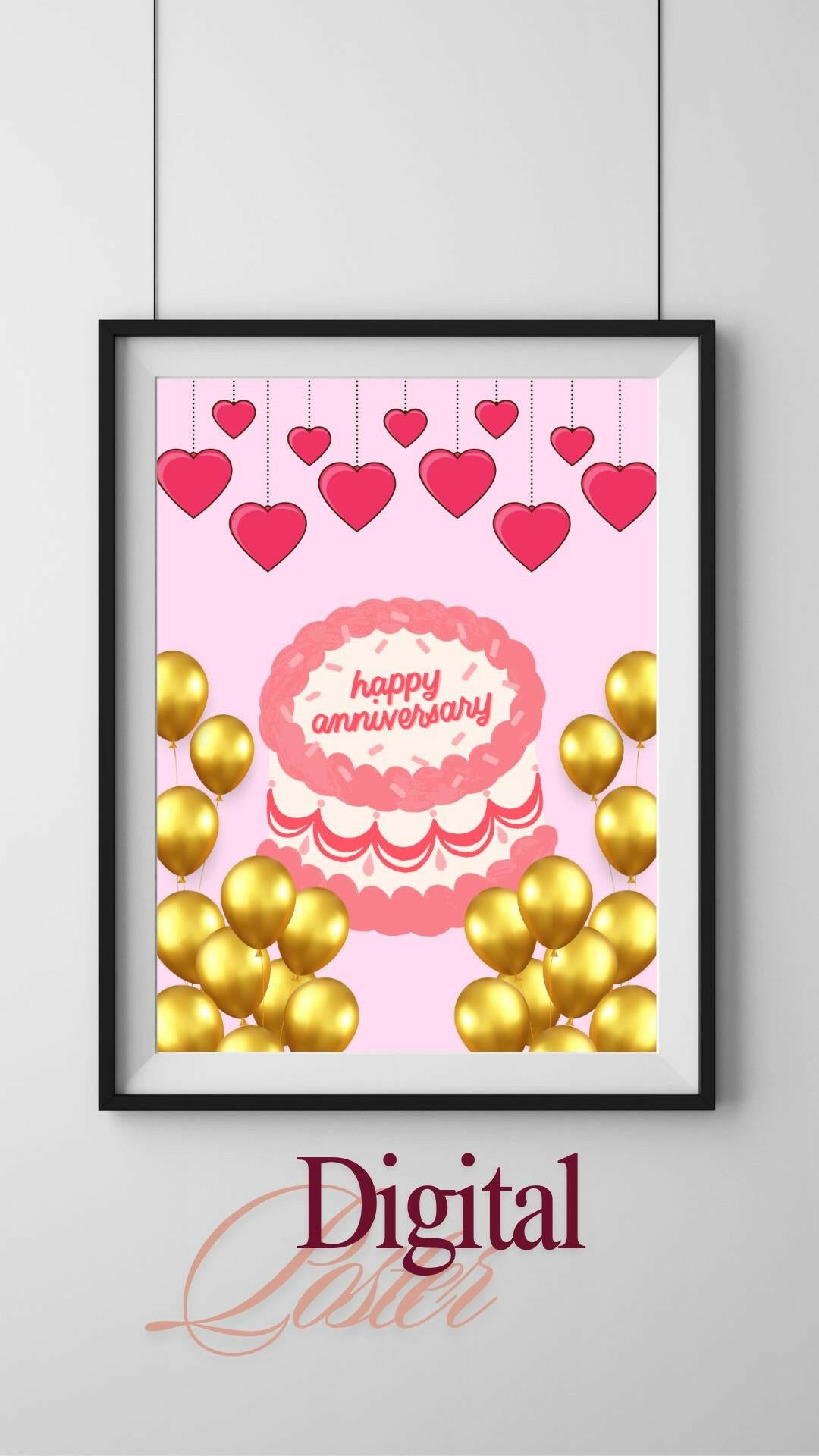 Happy Anniversary Printable Decor - Digital Download Digital product digital-happy-anniversary-printable-decor-pink-cake-gold-balloons My Store