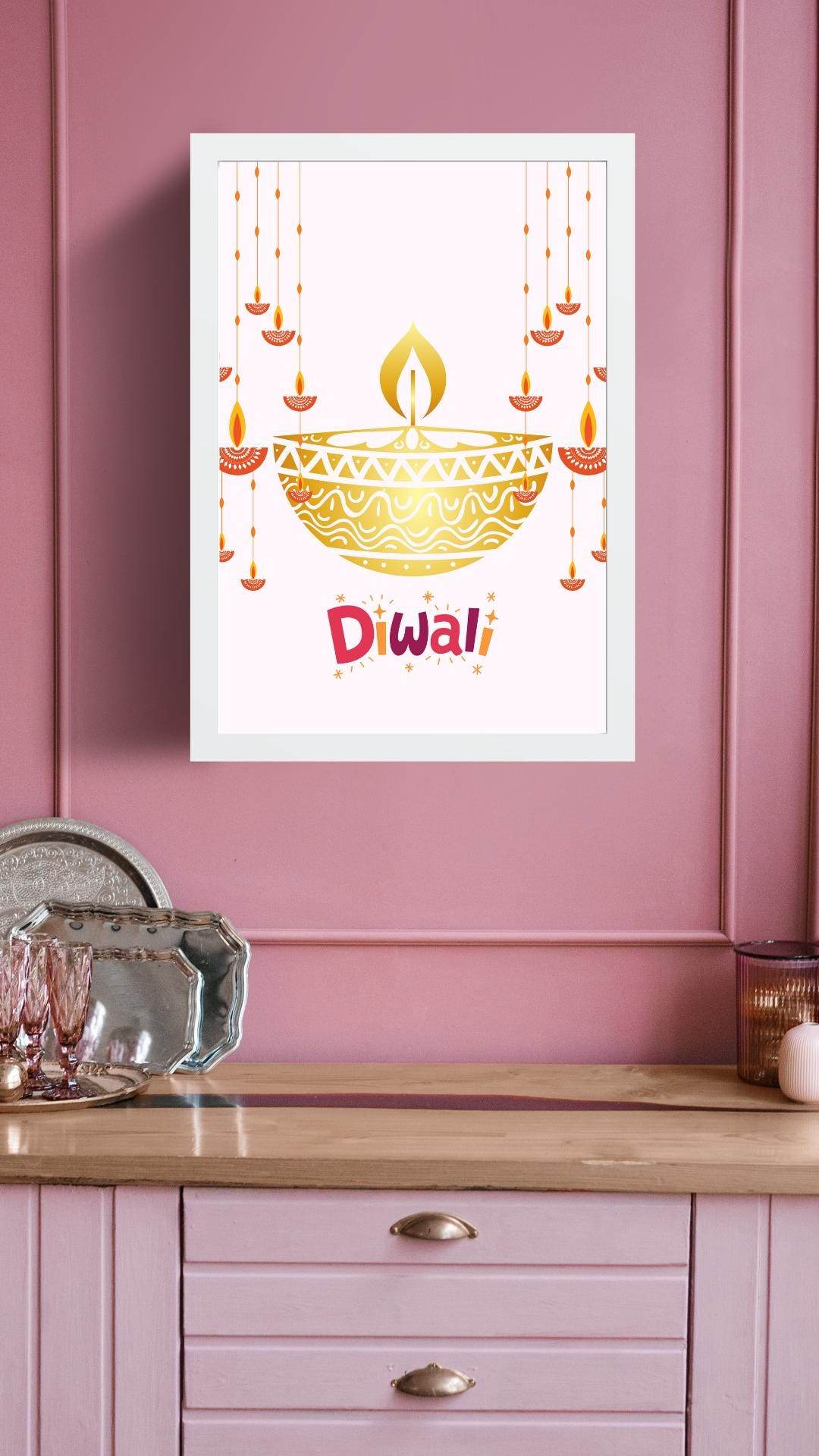 Diwali Wall Art Digital Download - Festive Decor Digital product diwali-wall-art-digital-download-diya-white-frame-pink-wall My Store