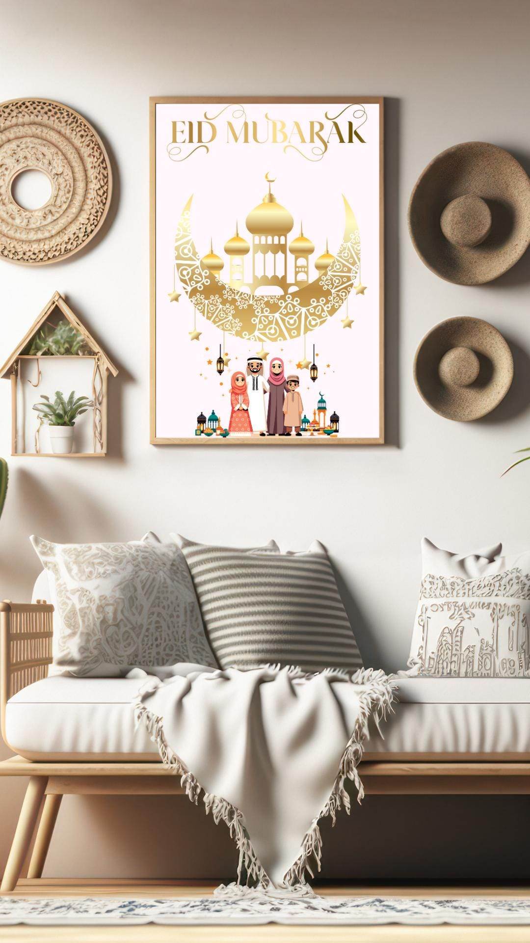 Eid Mubarak Digital Poster with Gold Mosque Design Digital product eid-mubarak-digital-poster-home-living-room-wall-decor My Store