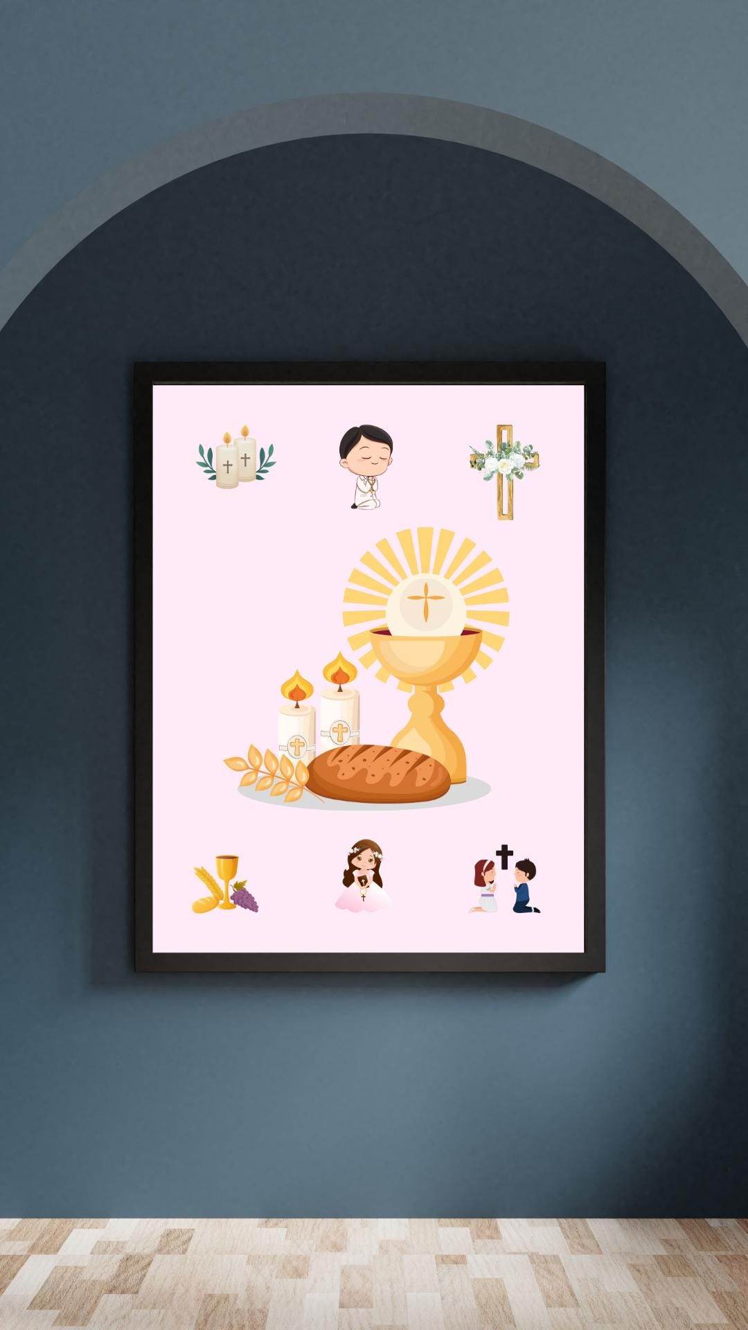 First Holy Communion Wall Art Digital Download Digital product first-holy-communion-wall-art-framed-light-blue-background-display My Store