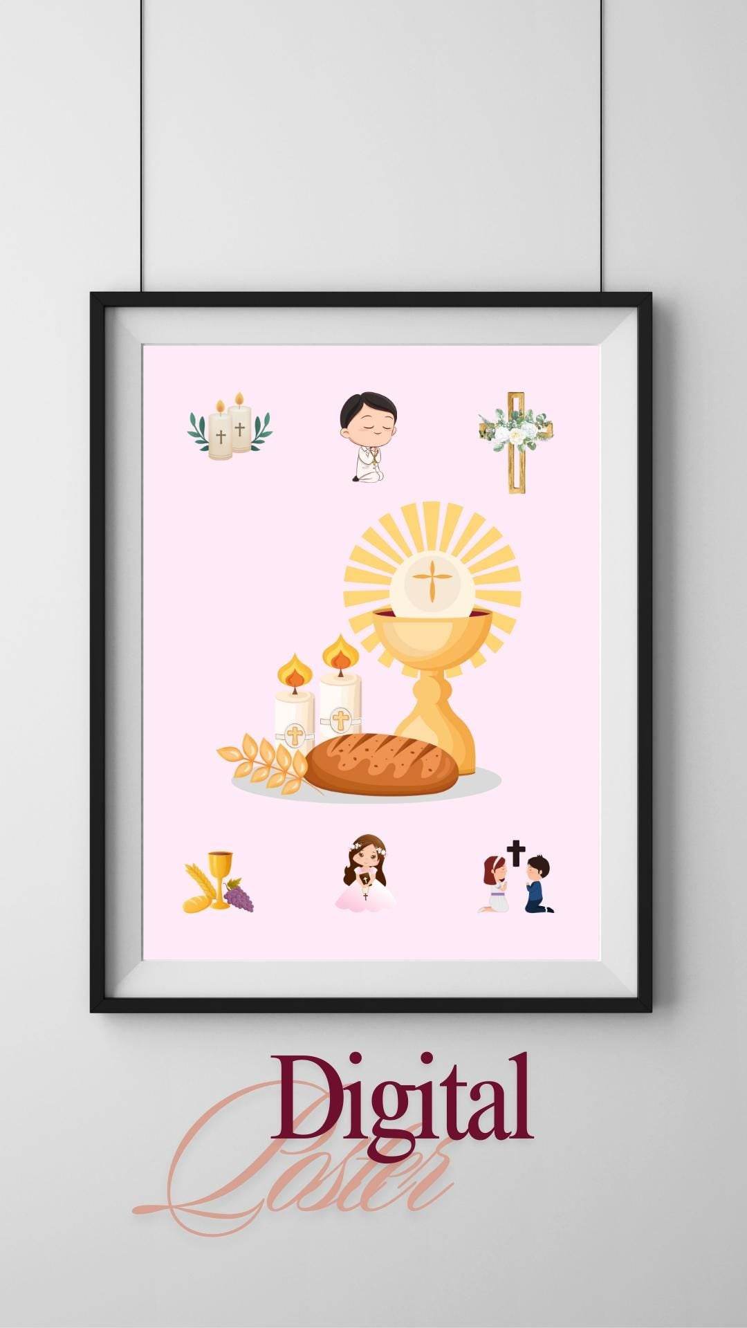 First Holy Communion Wall Art Digital Download Digital product first-holy-communion-wall-art-priest-chalice-candles-bread My Store