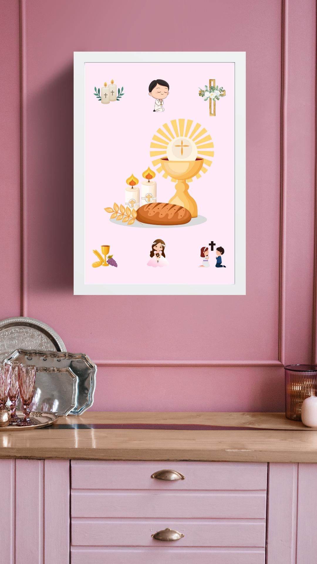 First Holy Communion Wall Art Digital Download Digital product first-holy-communion-wall-art-white-frame-pink-wall-background My Store
