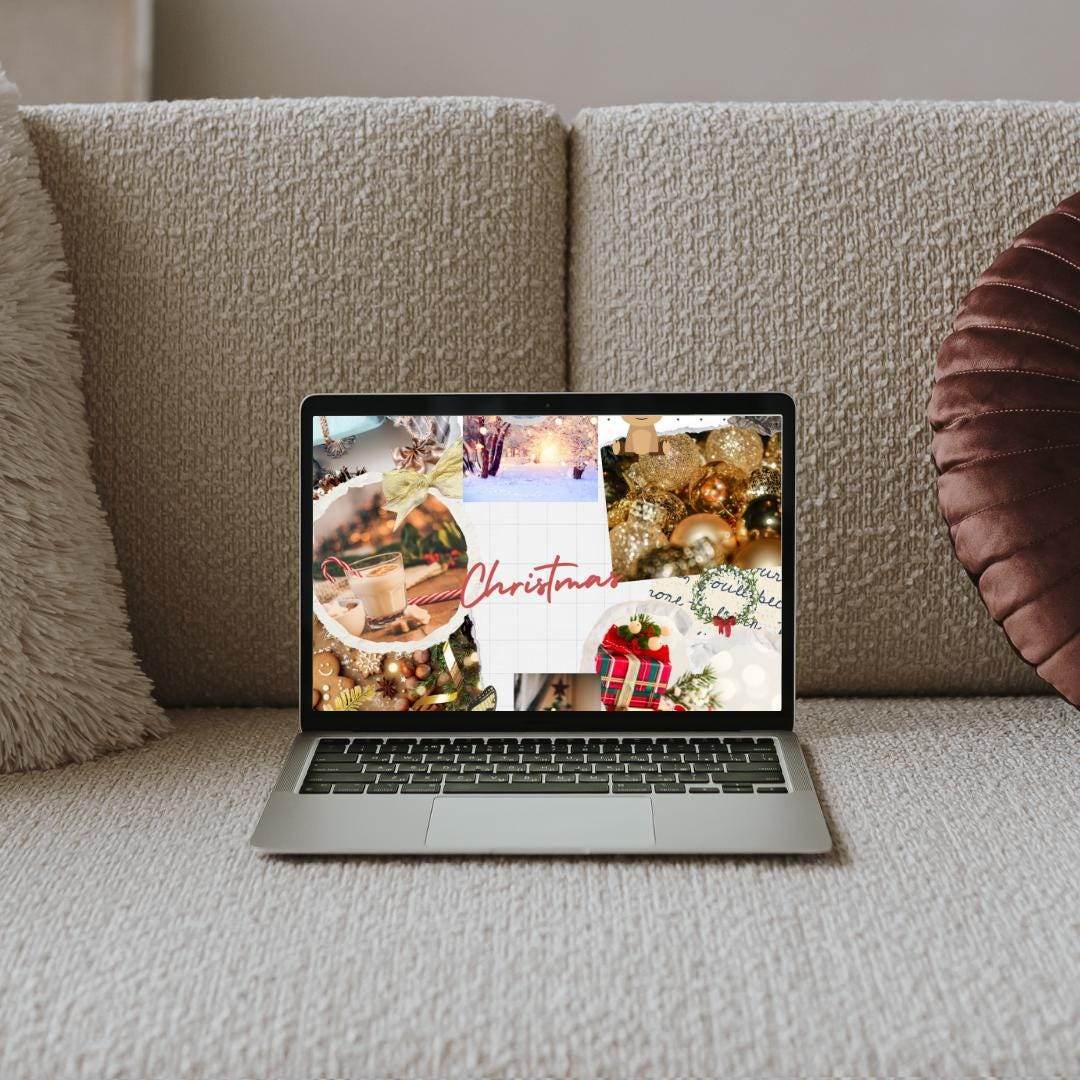 Cozy Holiday Desktop Background for Computer & Tablet Digital product girlydesignus-cozy-holiday-desktop-background-laptop-on-beige-couch My Store