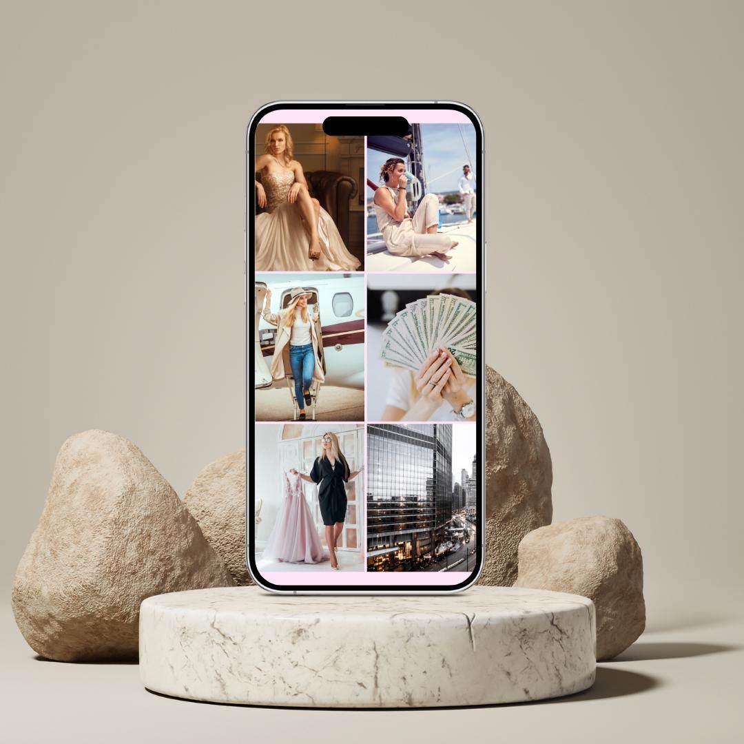 Luxury Lifestyle Wallpaper Digital Download Digital product girlydesignus-luxury-lifestyle-wallpaper-phone-on-marble-stand My Store