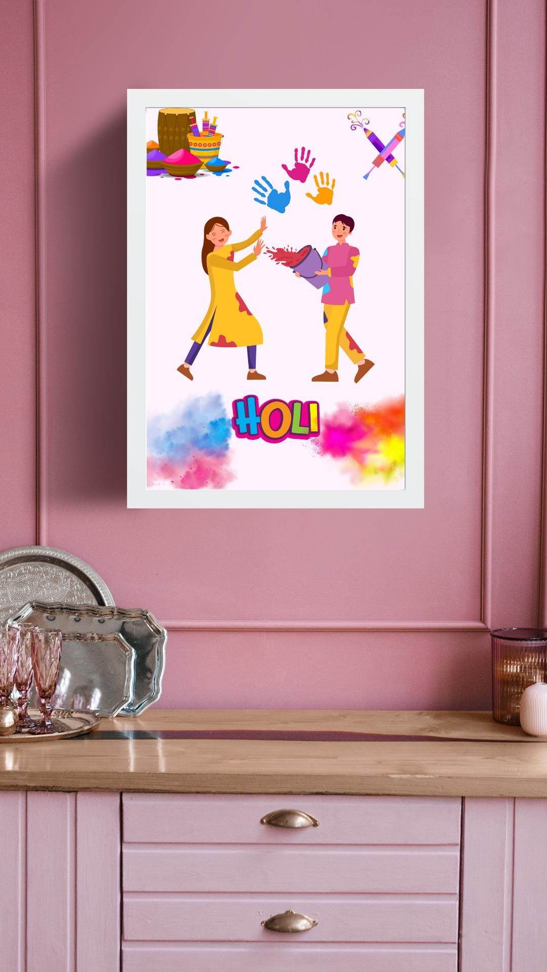 Holi Festival Digital Poster Colorful Indian Celebration Art Digital product holi-festival-digital-poster-white-frame-pink-wall My Store