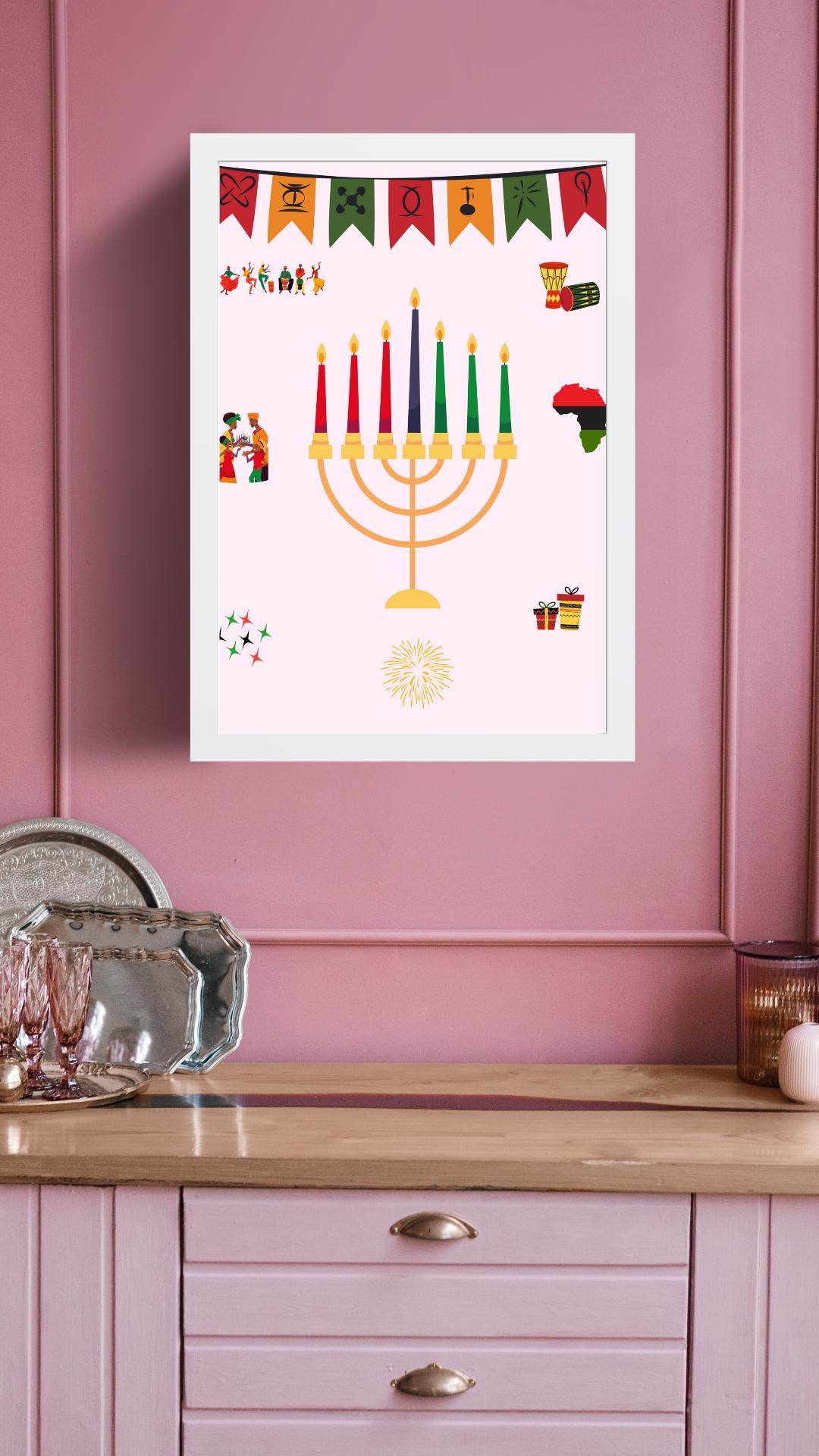 Kwanzaa Celebration Poster Digital Download Digital product kwanzaa-celebration-poster-digital-download-white-frame-pink-wall My Store