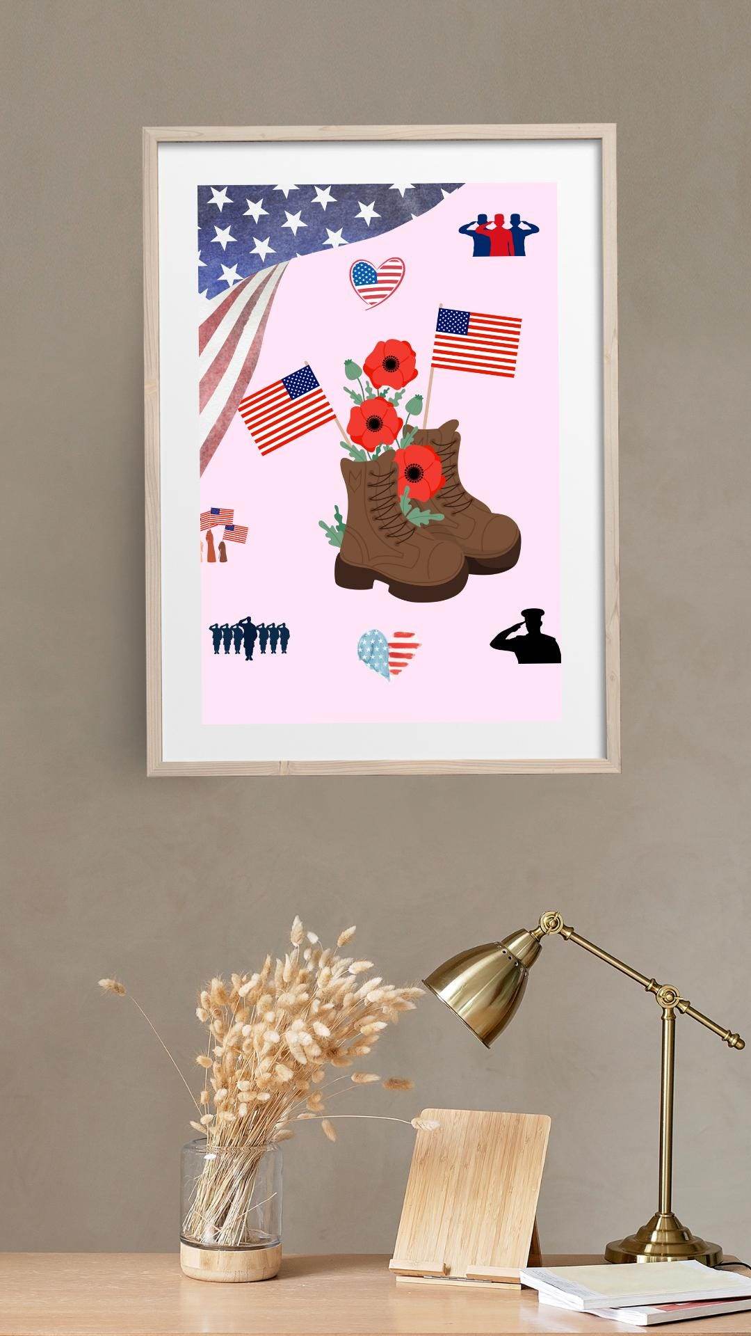 Memorial Day Printable Poster - Patriotic Digital Art Digital product memorial-day-printable-poster-light-wood-frame-closeup-veteran-boots My Store