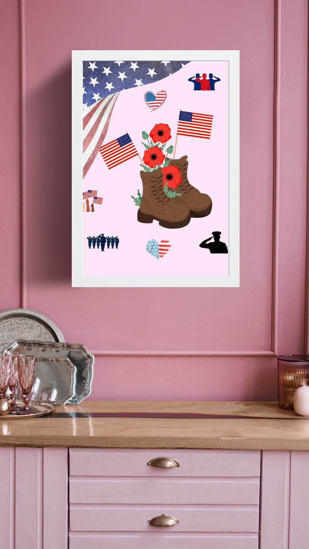 Memorial Day Printable Poster - Patriotic Digital Art Digital product memorial-day-printable-poster-pink-wall-background-veteran-boots My Store