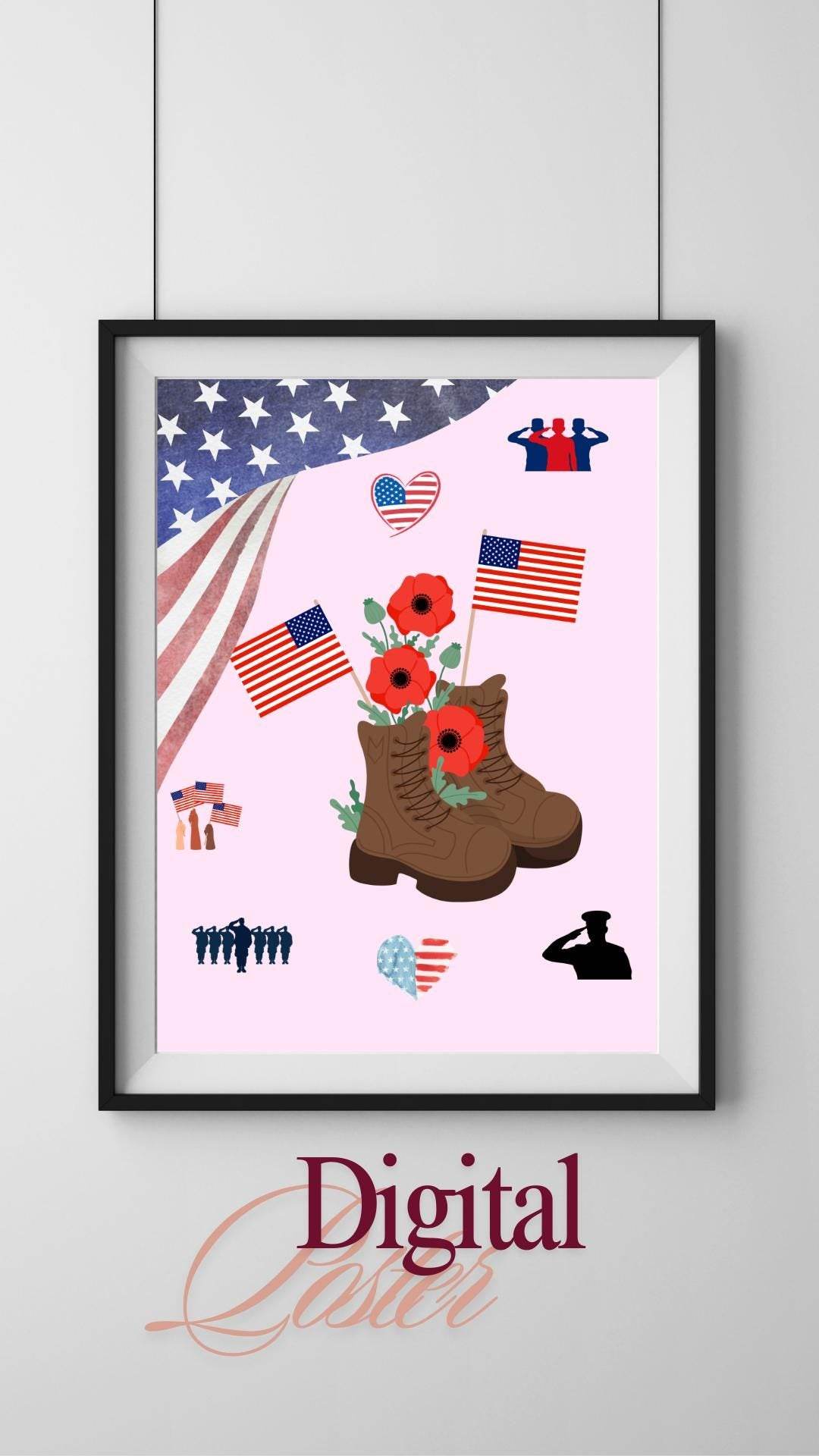 Memorial Day Printable Poster - Patriotic Digital Art Digital product memorial-day-printable-poster-veteran-boots-flags-poppies My Store