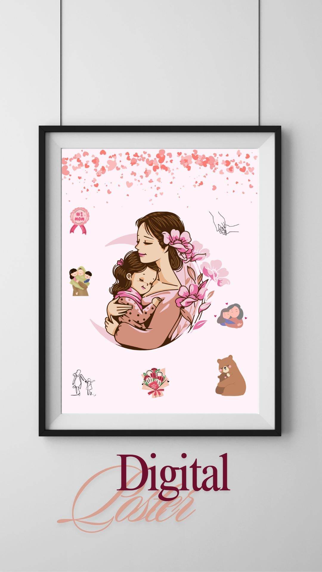 Mother and Daughter Hug Art Download - Digital Print Digital product mother-and-daughter-hug-art-download-framed-poster-pink-flowers My Store