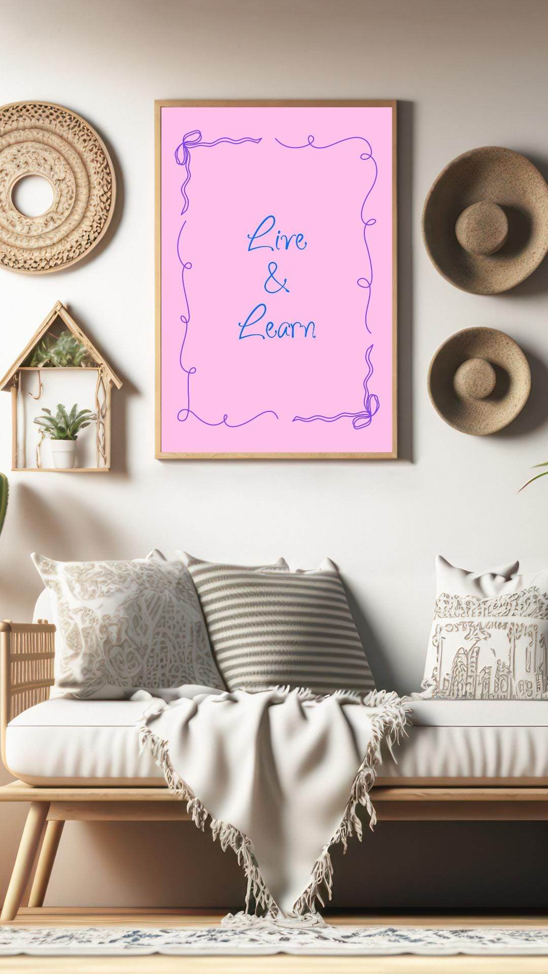 Motivational Pink Wall Art Digital Download - Live and Learn Digital product motivational-pink-wall-art-live-learn-framed-above-sofa My Store