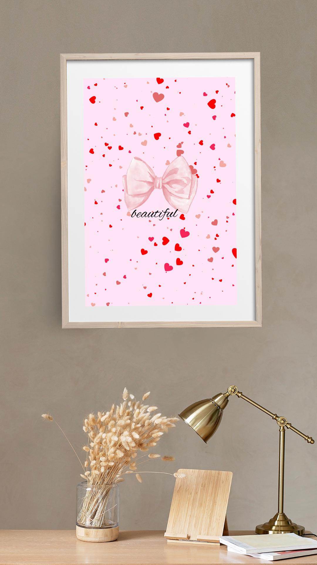 Pink Bow Printable Wall Decor - Digital Download Digital product pink-bow-printable-wall-decor-light-wood-frame My Store