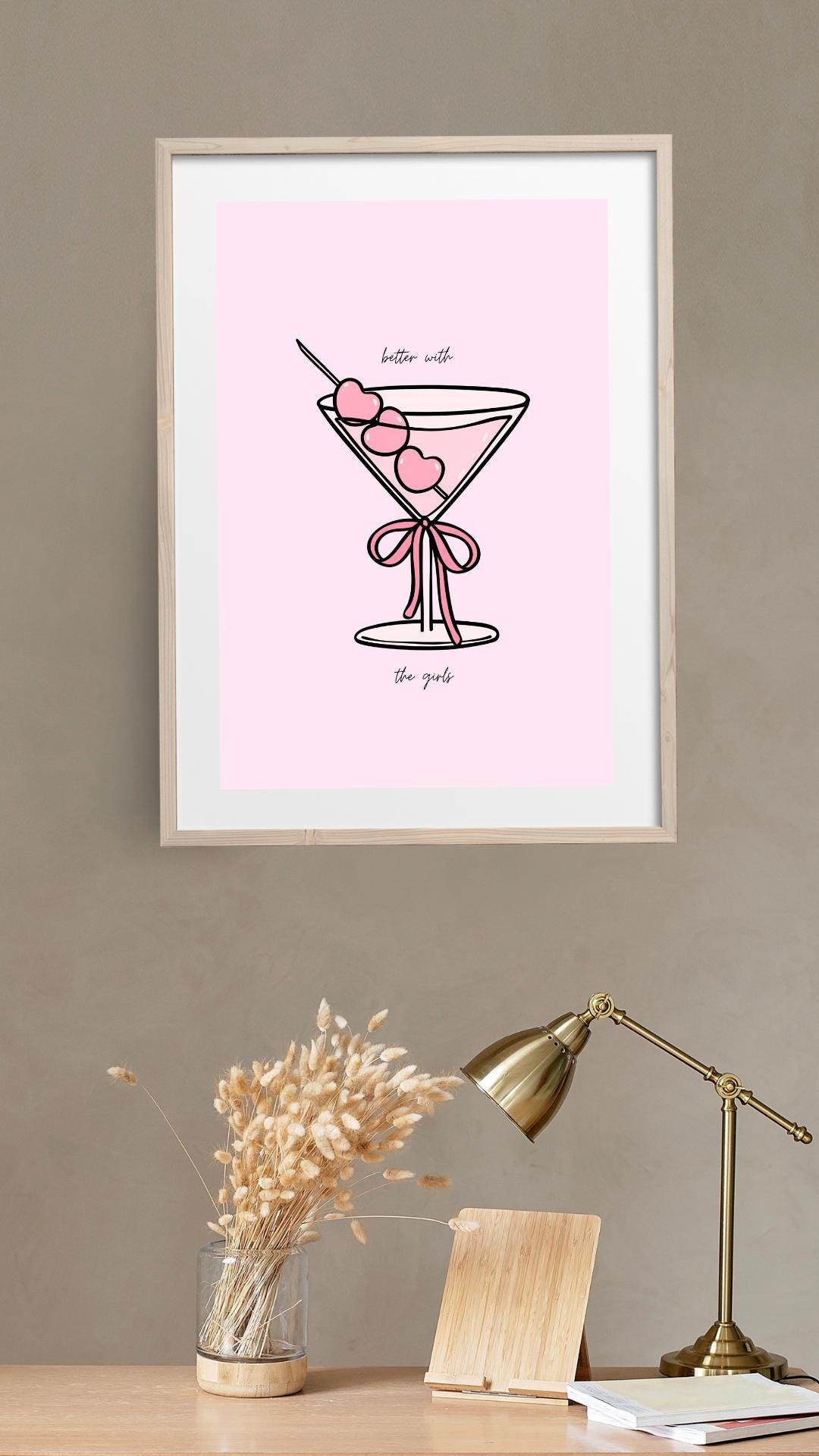 Pink Cocktail Digital Print - Stylish Digital Art Digital product pink-cocktail-digital-print-light-wooden-frame-wall My Store