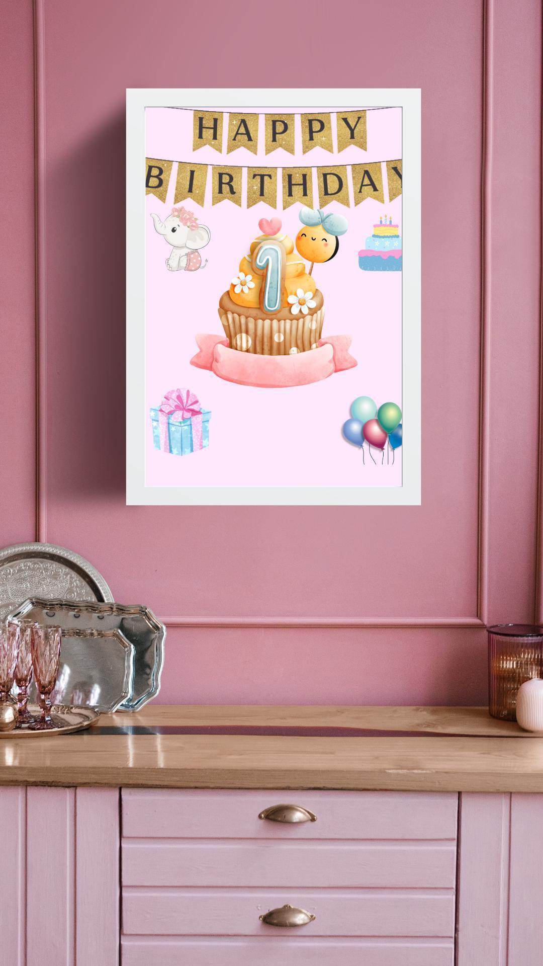 1st Birthday Poster Printable Cute Cupcake Design Digital product printable-1st-birthday-poster-cupcake-banner-framed-white My Store