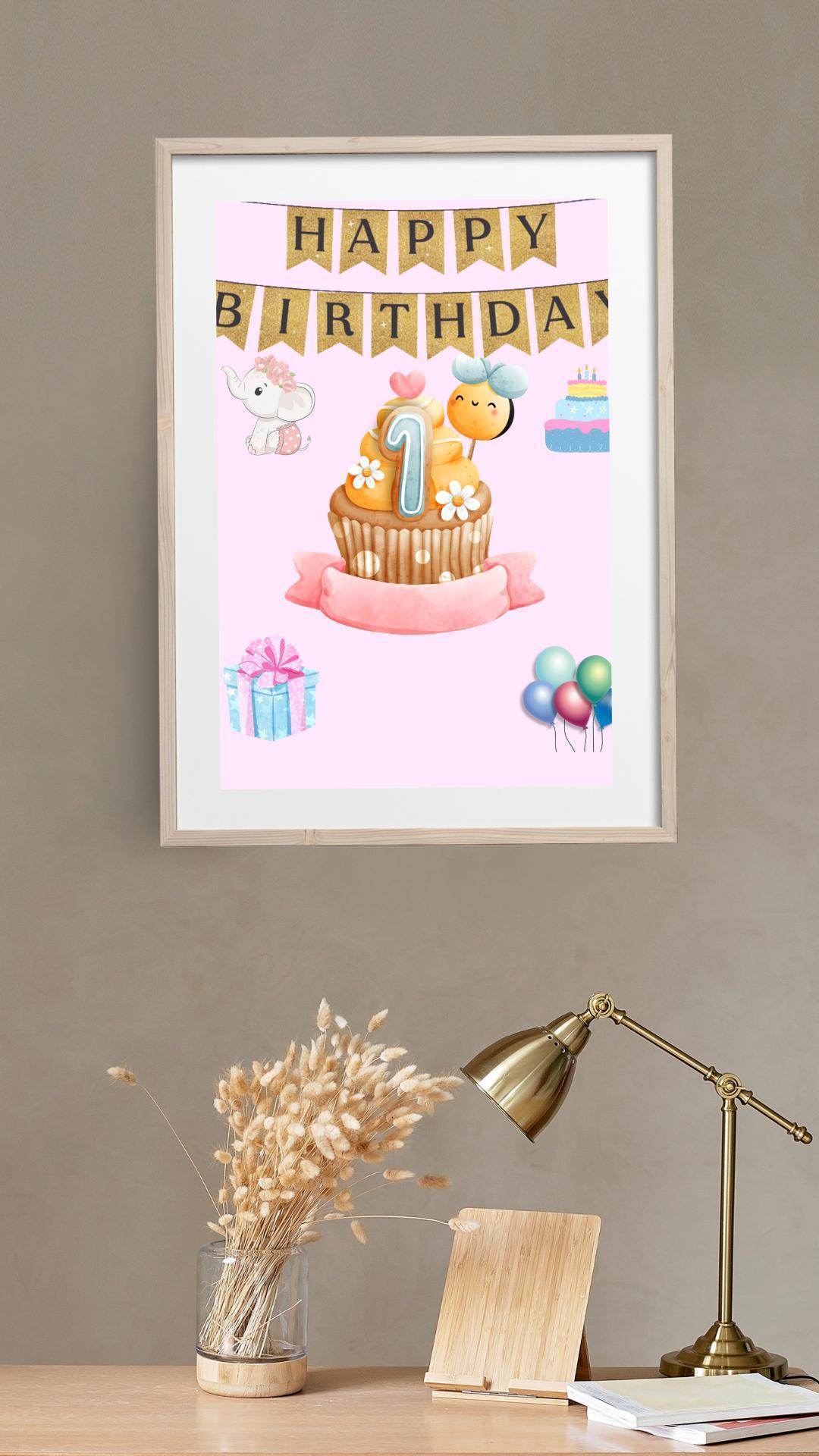 1st Birthday Poster Printable Cute Cupcake Design Digital product printable-1st-birthday-poster-cupcake-banner-framed-wood My Store