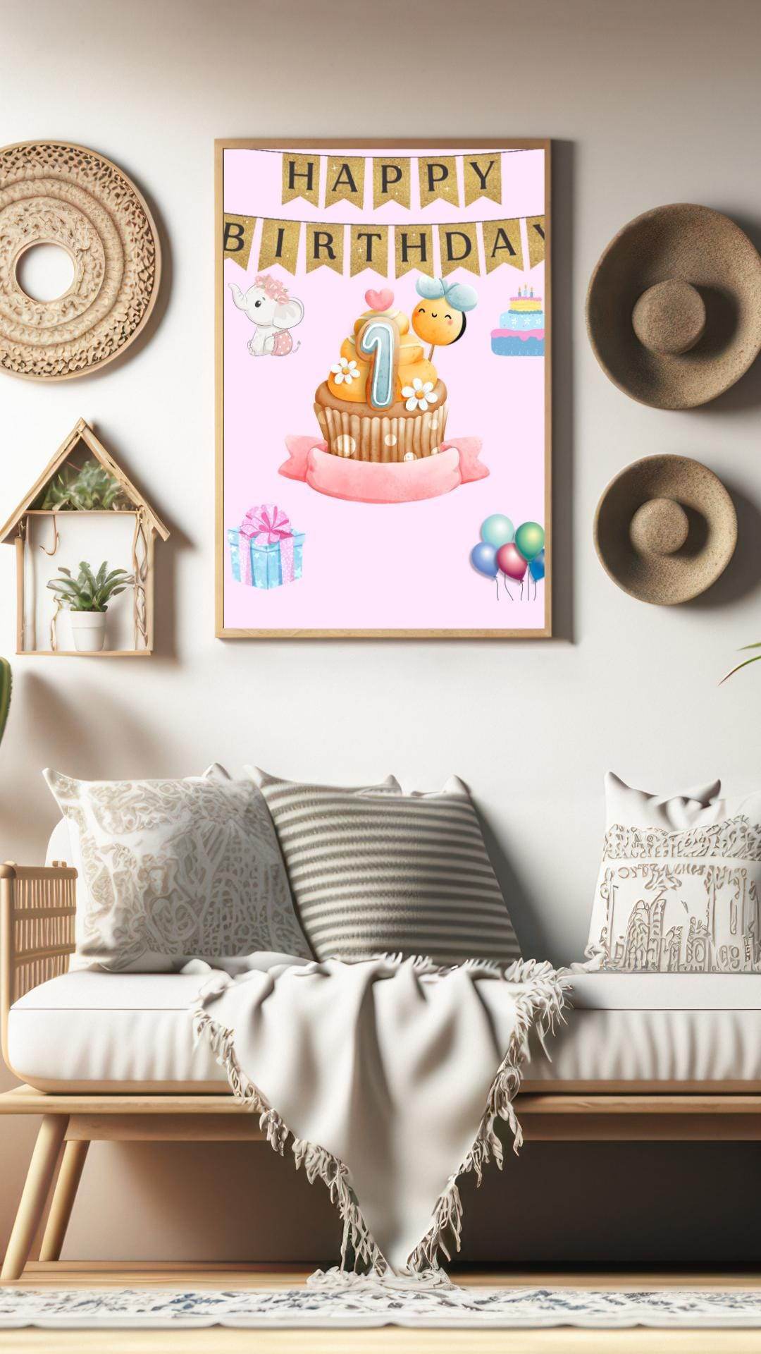 1st Birthday Poster Printable Cute Cupcake Design Digital product printable-1st-birthday-poster-cupcake-banner-living-room My Store