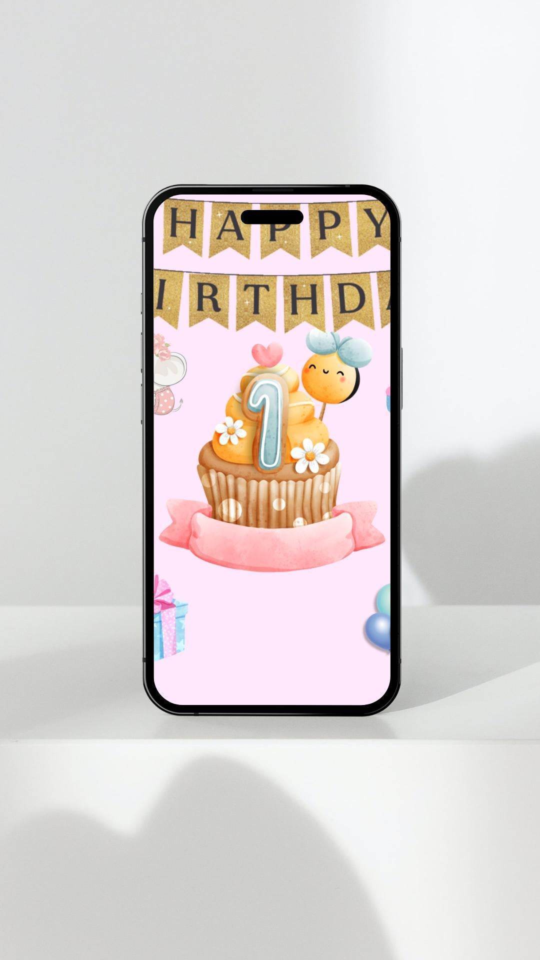 1st Birthday Poster Printable Cute Cupcake Design Digital product printable-1st-birthday-poster-mobile-phone-display My Store
