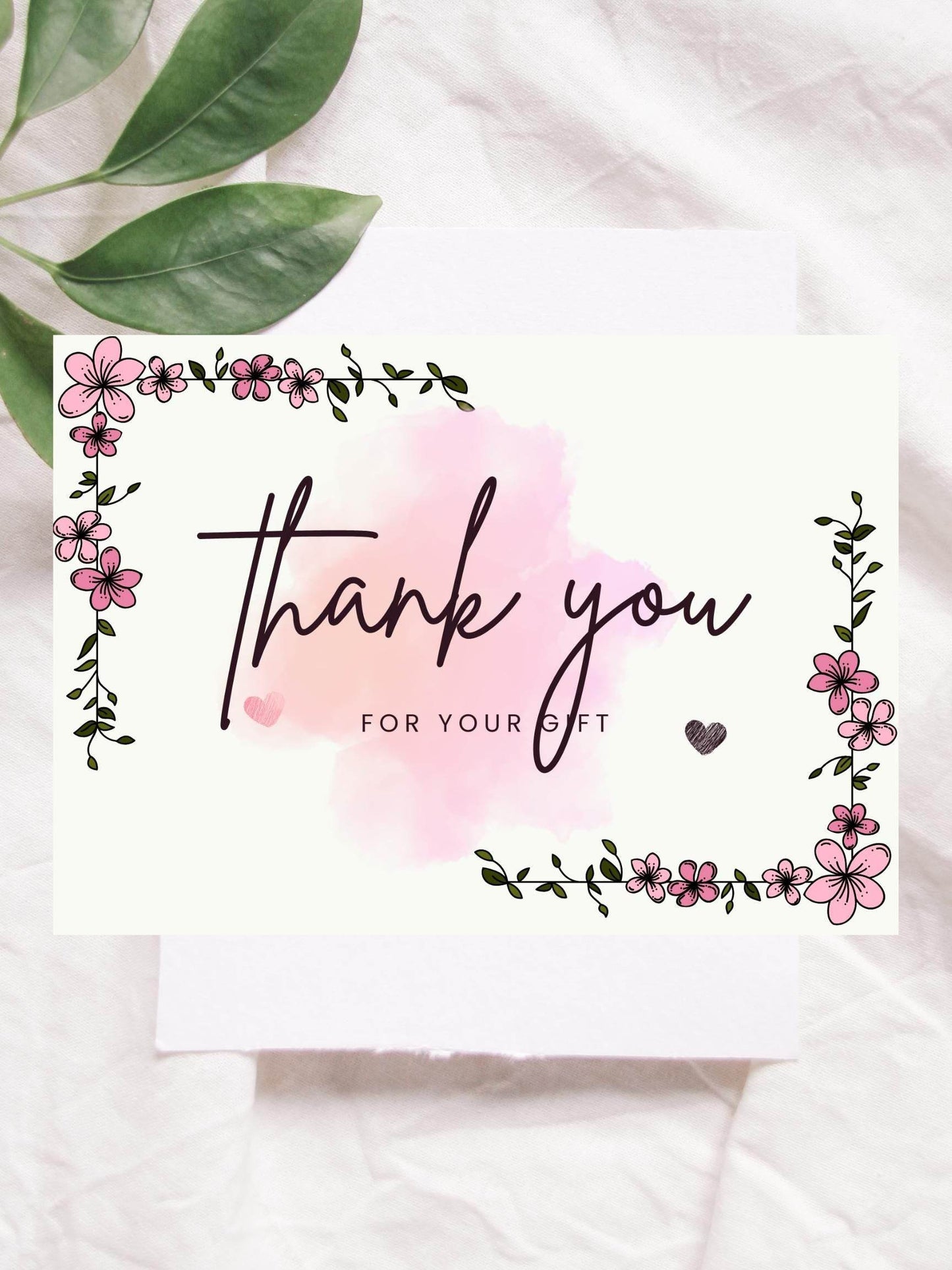 Printable Floral Thank You Card - Elegant Design Digital product printable-floral-thank-you-card-white-sheet-green-leaf My Store