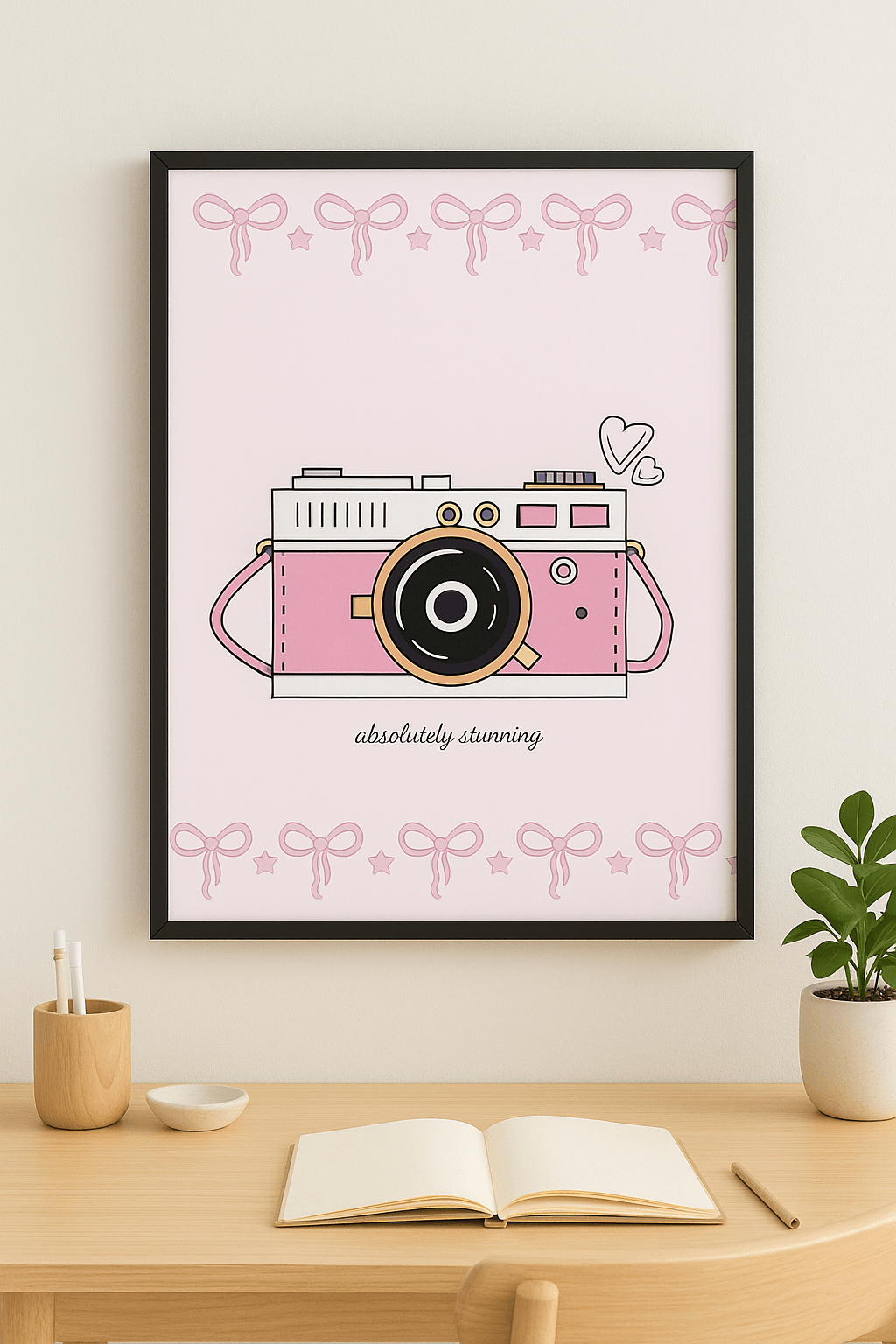 Pink Aesthetic Camera Poster Digital Download Digital product shopify-pink-aesthetic-camera-poster-black-frame-tabletop-plant My Store