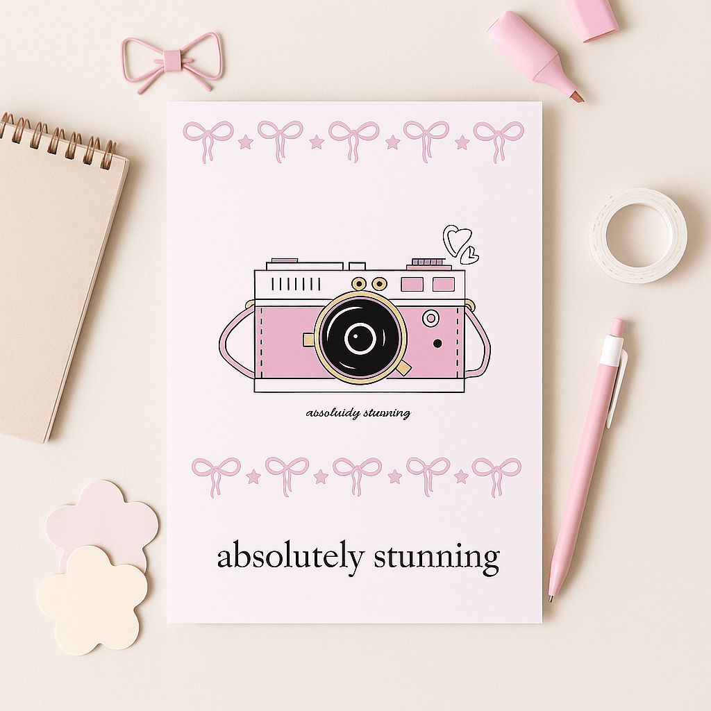 Pink Aesthetic Camera Poster Digital Download Digital product shopify-pink-aesthetic-camera-poster-flatlay-with-notebook-pen My Store