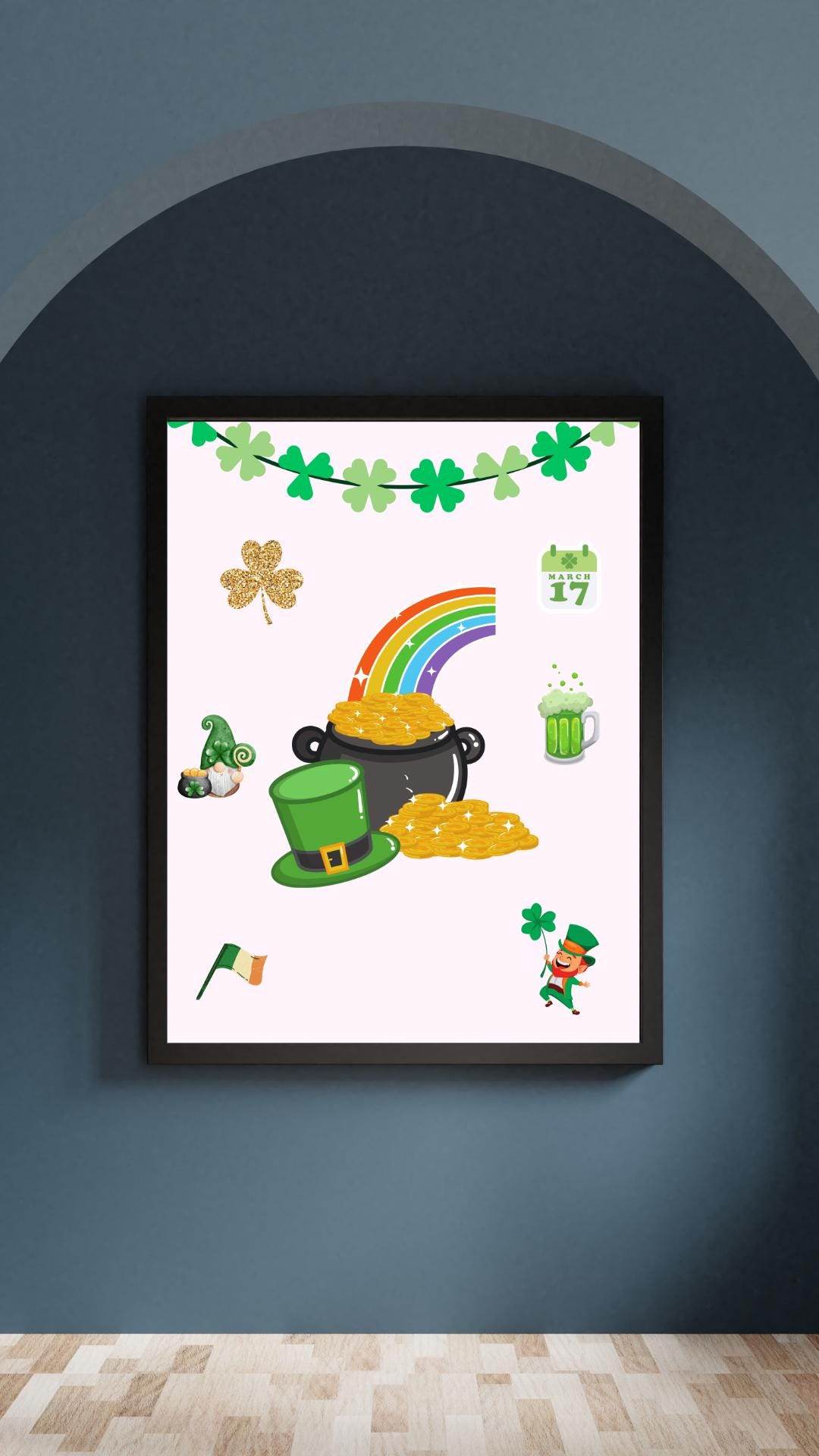St. Patrick's Day Digital Poster with Rainbow & Gold Digital product st-patricks-day-digital-poster-framed-on-dark-wall My Store