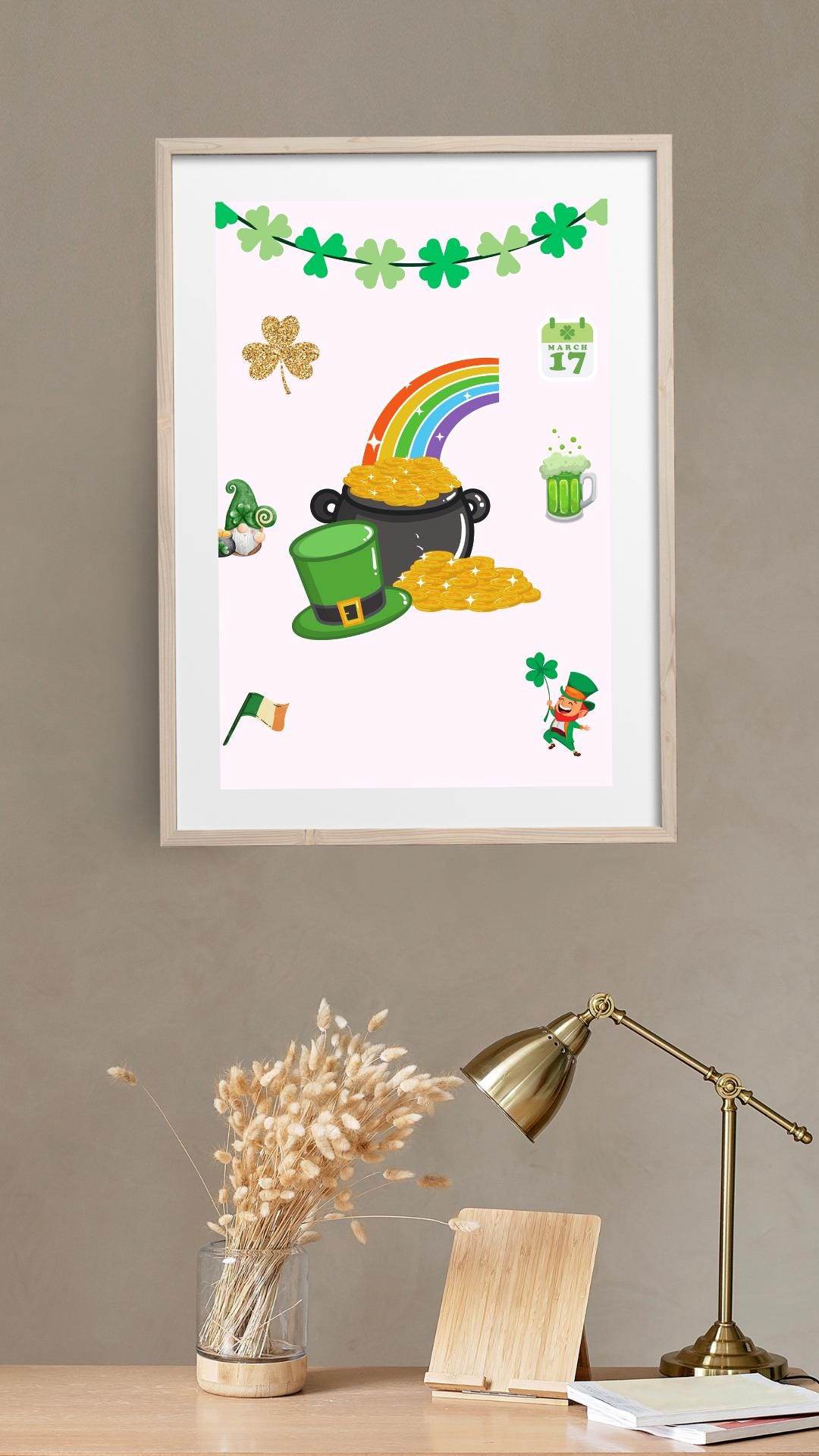 St. Patrick's Day Digital Poster with Rainbow & Gold Digital product st-patricks-day-digital-poster-light-wood-frame-closeup My Store