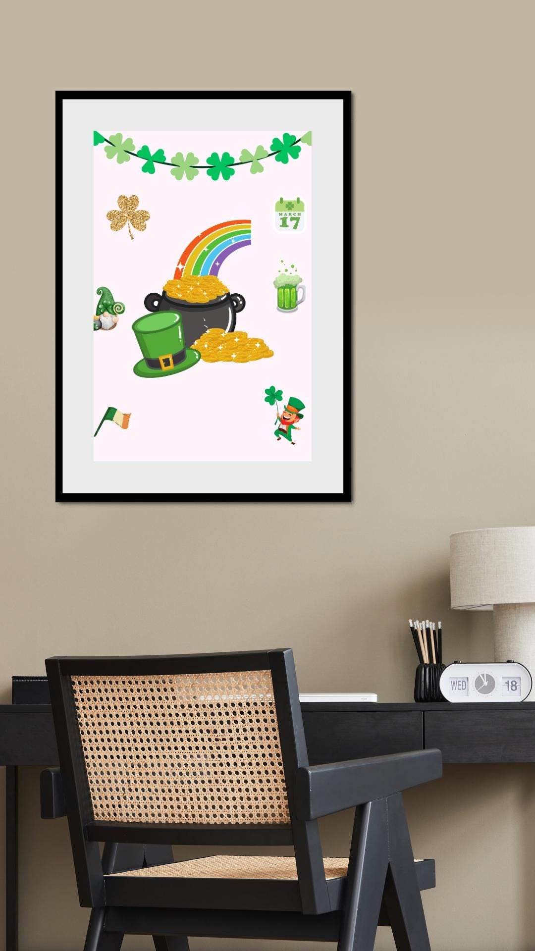 St. Patrick's Day Digital Poster with Rainbow & Gold Digital product st-patricks-day-digital-poster-office-desk-decor-black-frame My Store