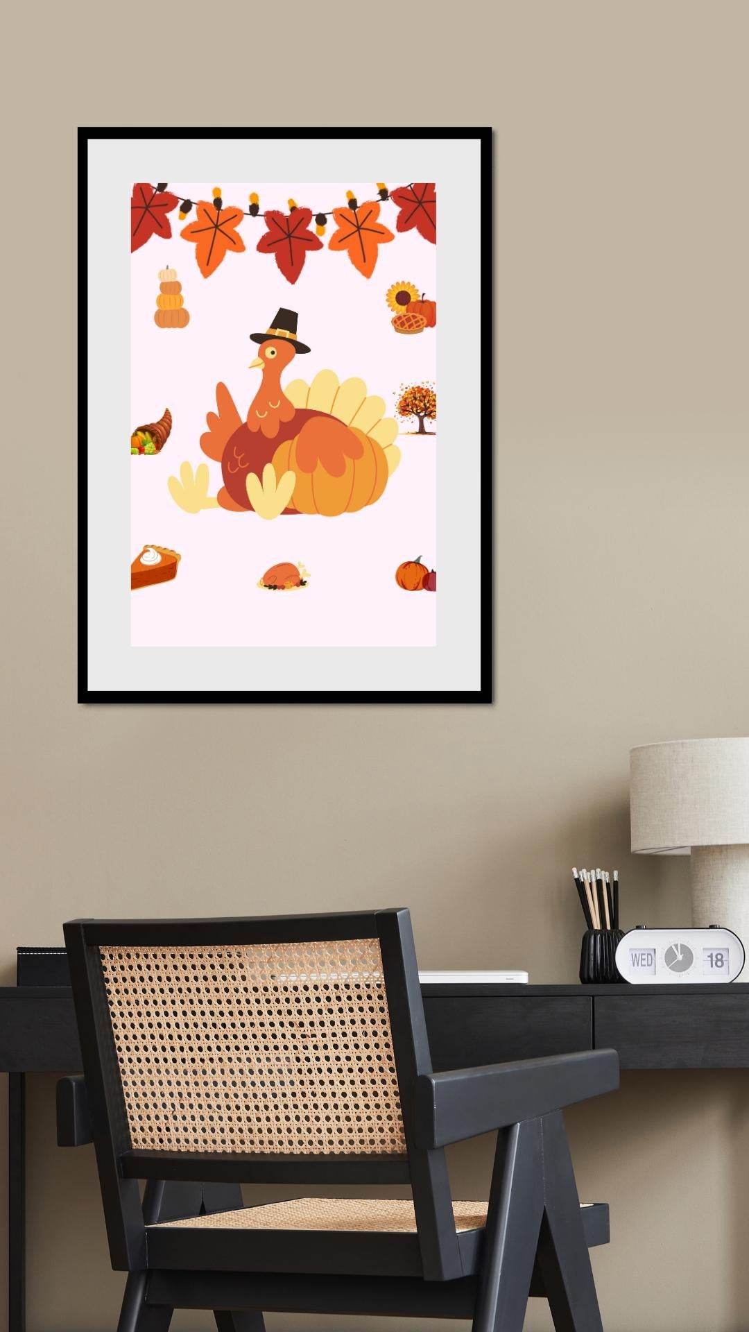 Thanksgiving Decor Digital Download - Cute Turkey Art Digital product thanksgiving-decor-digital-download-black-frame-desk-office-setup My Store