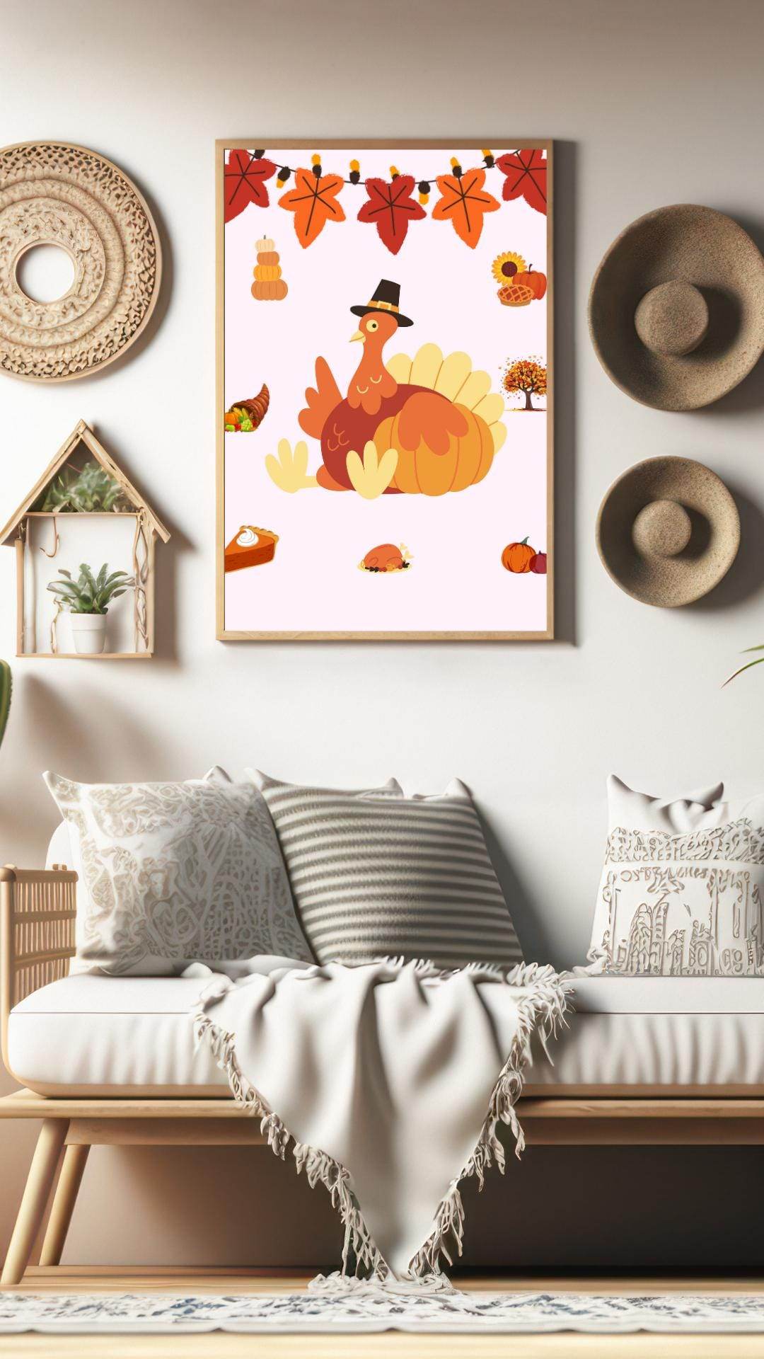 Thanksgiving Decor Digital Download - Cute Turkey Art Digital product thanksgiving-decor-digital-download-cozy-living-room-boho-style My Store