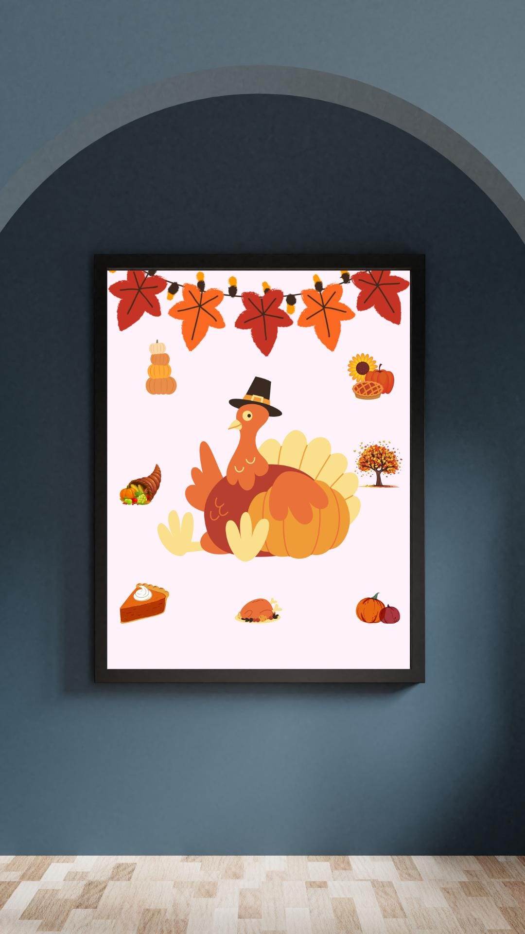 Thanksgiving Decor Digital Download - Cute Turkey Art Digital product thanksgiving-decor-digital-download-dark-background-framed-poster My Store