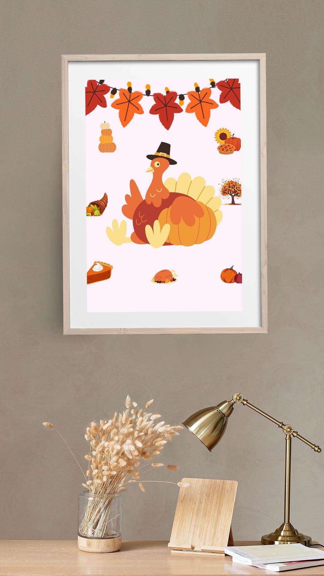 Thanksgiving Decor Digital Download - Cute Turkey Art Digital product thanksgiving-decor-digital-download-light-wood-frame-dry-flowers My Store
