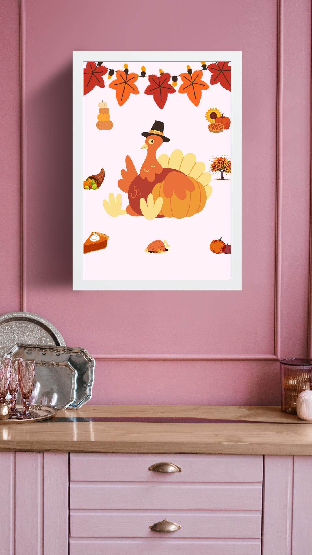 Thanksgiving Decor Digital Download - Cute Turkey Art Digital product thanksgiving-decor-digital-download-pink-wall-silver-tray-decor My Store