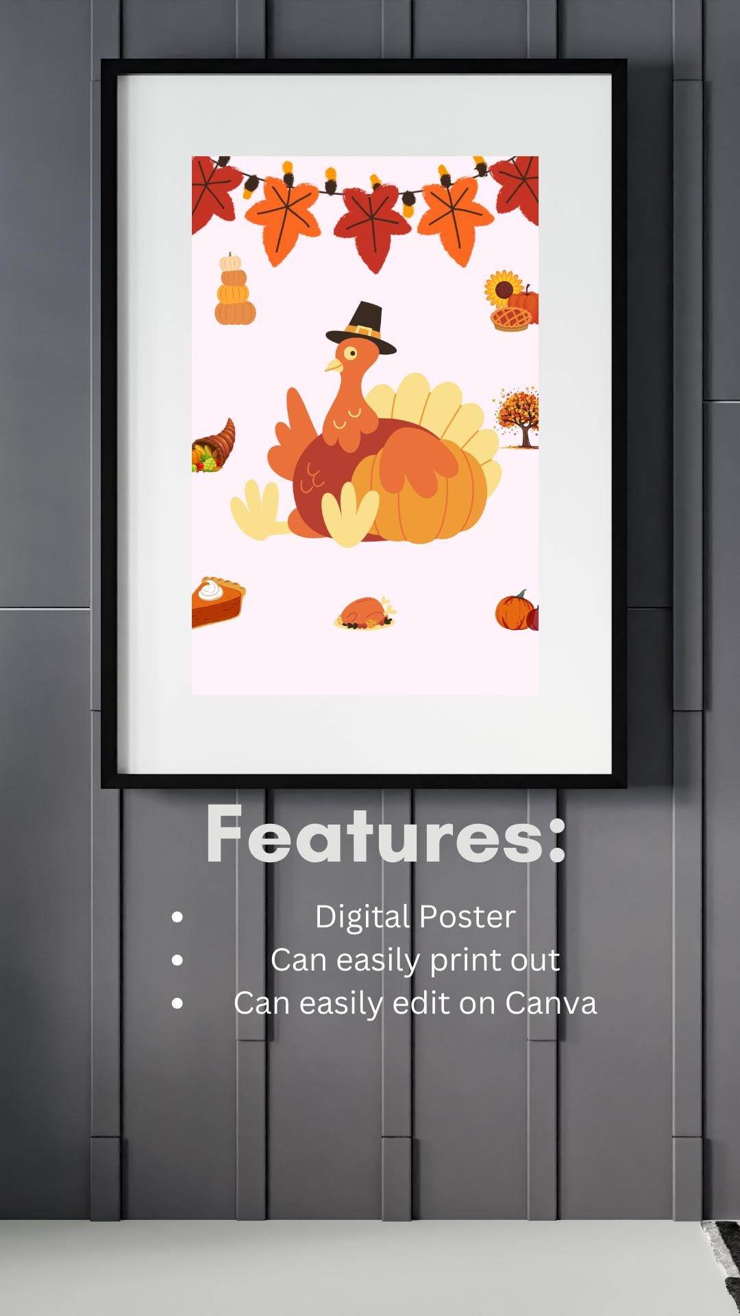 Thanksgiving Decor Digital Download - Cute Turkey Art Digital product thanksgiving-decor-digital-download-poster-features-editable-print My Store