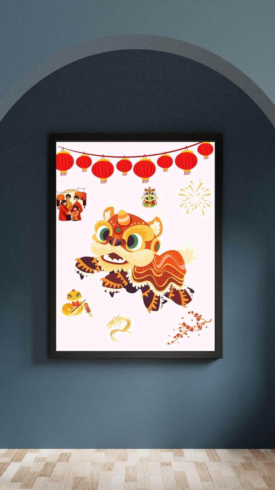 Chinese New Year Wall Art Digital Download Digital product vendor-chinese-new-year-wall-art-lion-dance-black-frame My Store