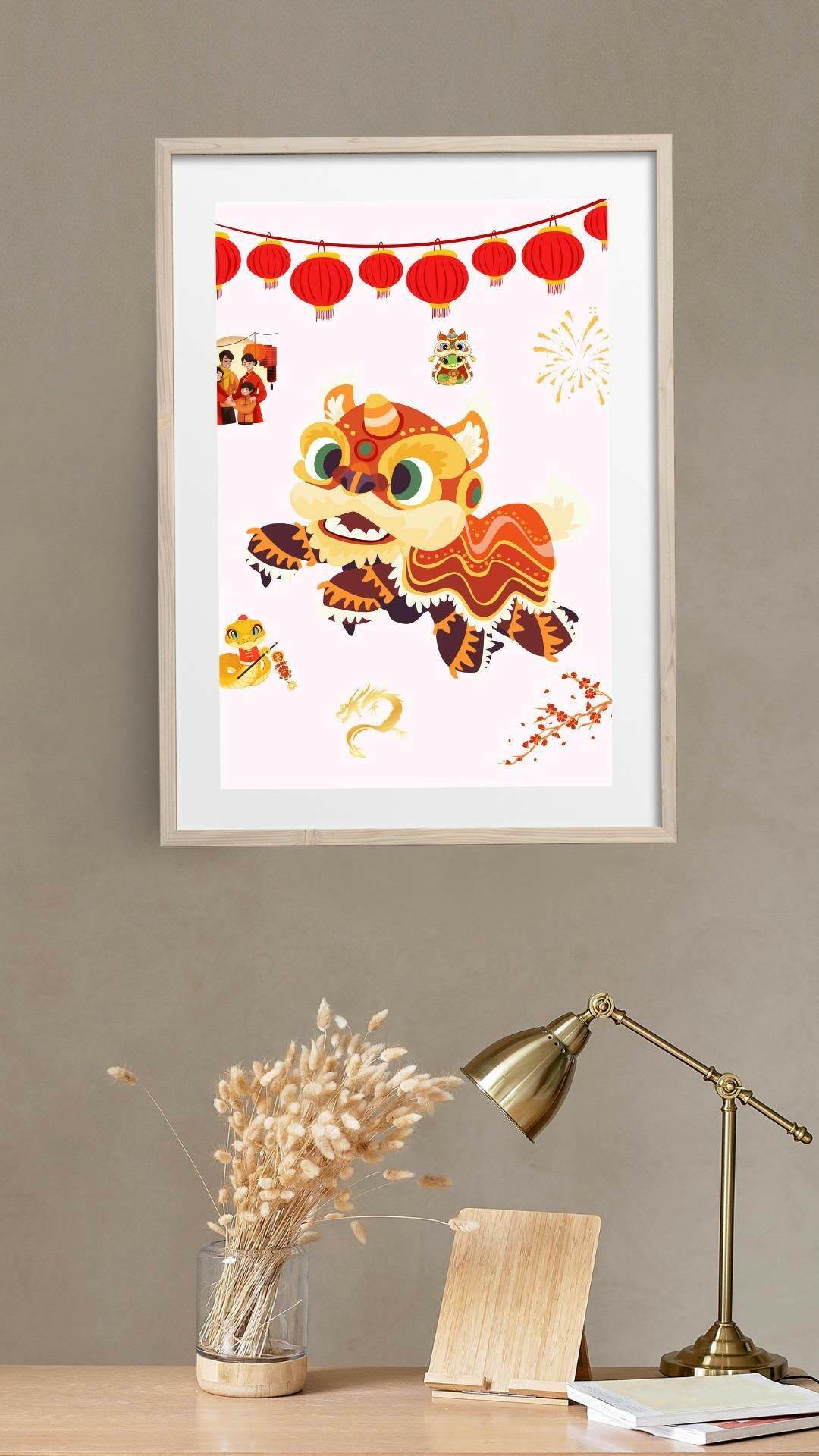 Chinese New Year Wall Art Digital Download Digital product vendor-chinese-new-year-wall-art-lion-dance-light-wood-frame My Store