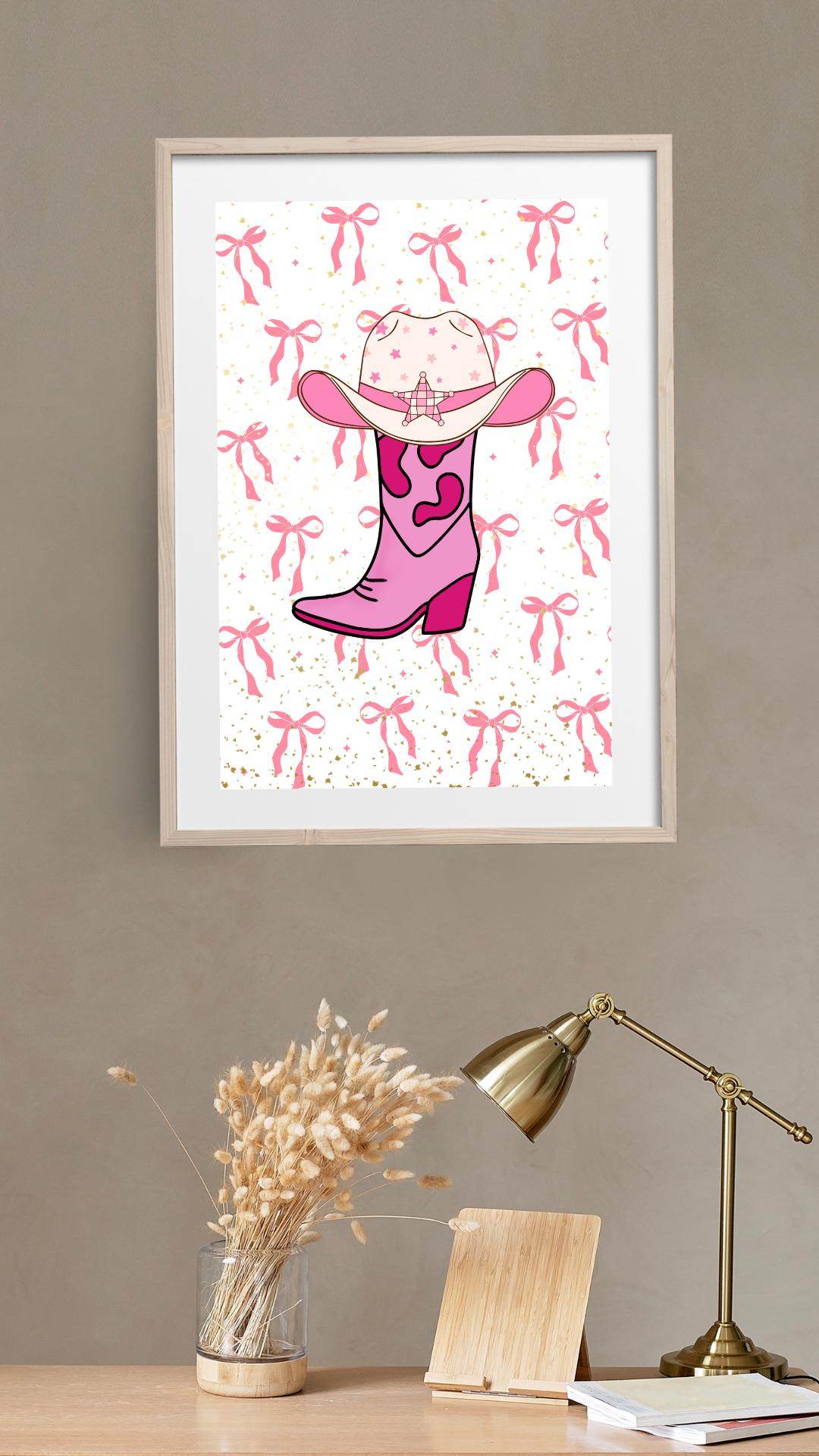 Pink Cowgirl Wall Art Digital Download Digital product vendor-pink-cowgirl-wall-art-light-wood-frame-wall-hanging My Store