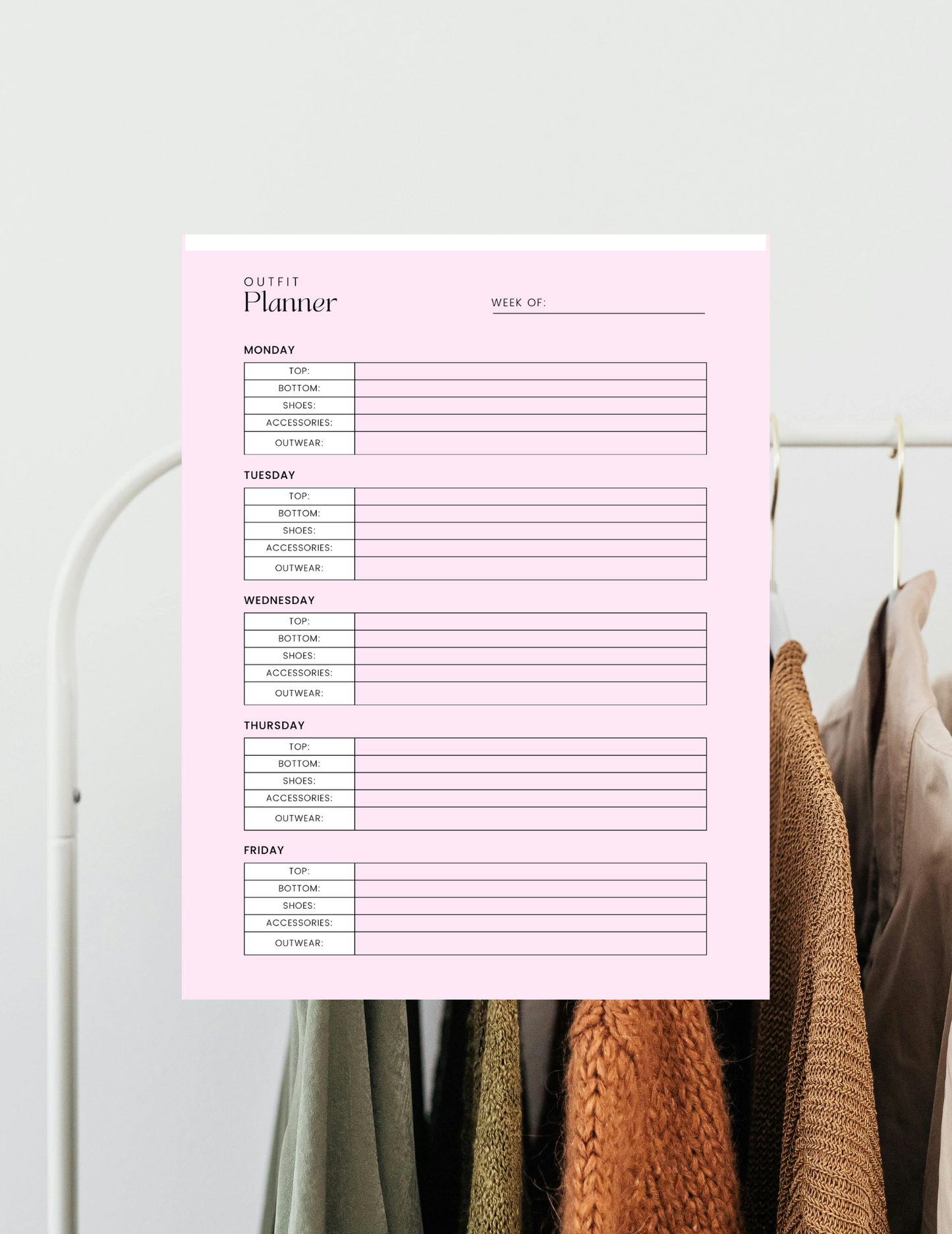 Weekly Wardrobe Organizer Printable PDF Digital product weekly-wardrobe-organizer-printable-outfit-planner-pink-hanging-closet GirlyDesignUS