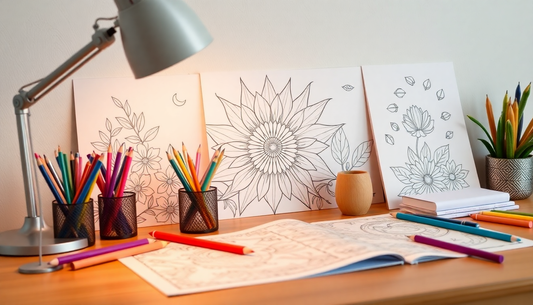Coloring pages for stress relief on desk