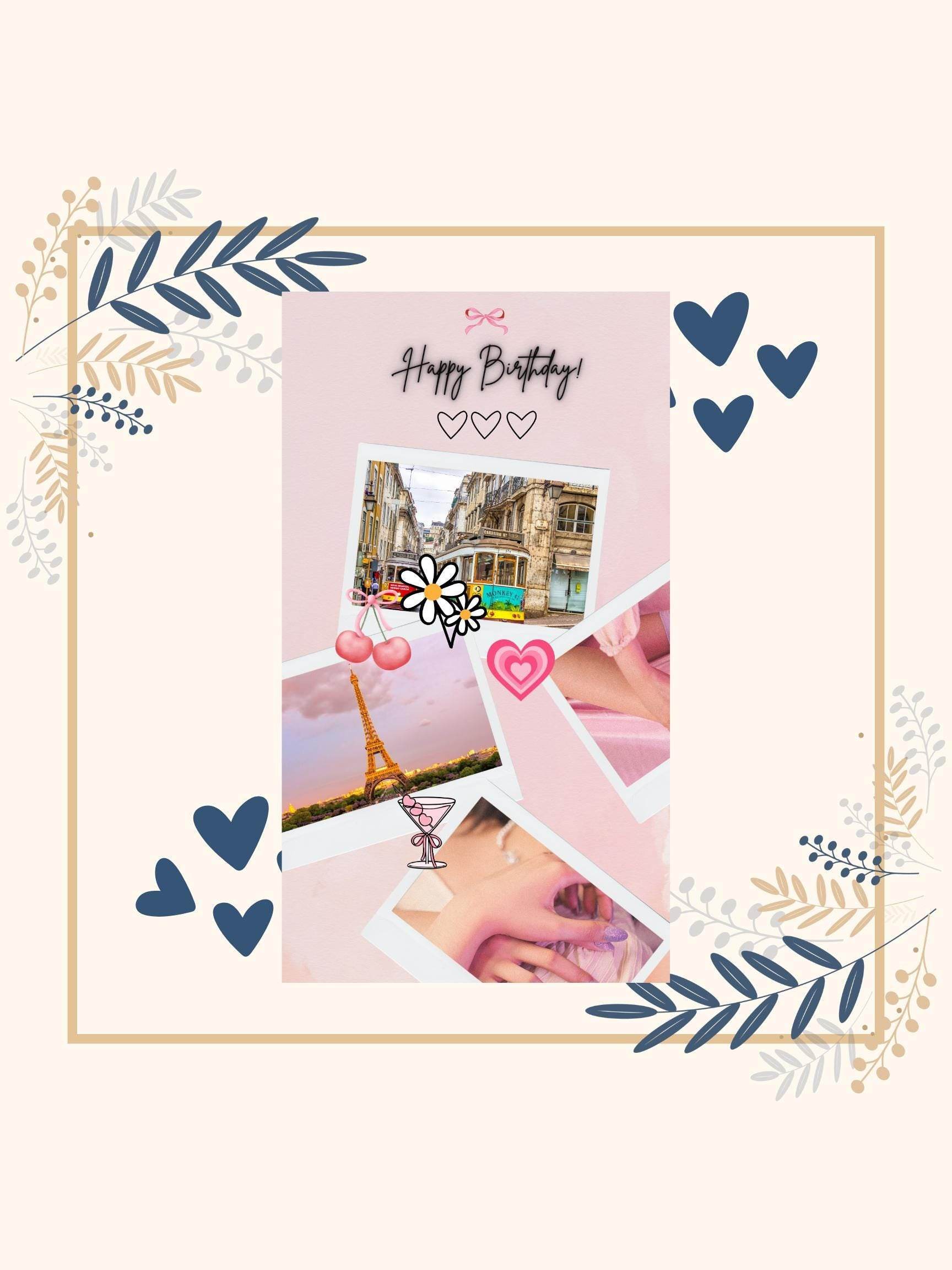 Aesthetic Birthday Instagram Story Template Digital product aesthetic-birthday-instagram-story-template-pink-photo-collage-blue-hearts-border My Store