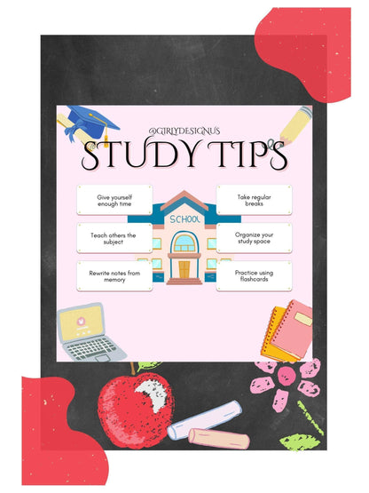 Aesthetic Study Tips Printable Digital School Poster Digital product agirlydesignus-aesthetic-study-tips-printable-chalkboard-background-pink-school-laptop-notebooks My Store