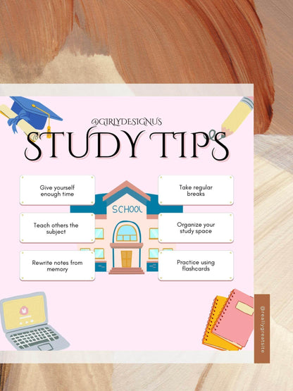 Aesthetic Study Tips Printable Digital School Poster Digital product agirlydesignus-aesthetic-study-tips-printable-closeup-pink-background-school-laptop-notebooks My Store